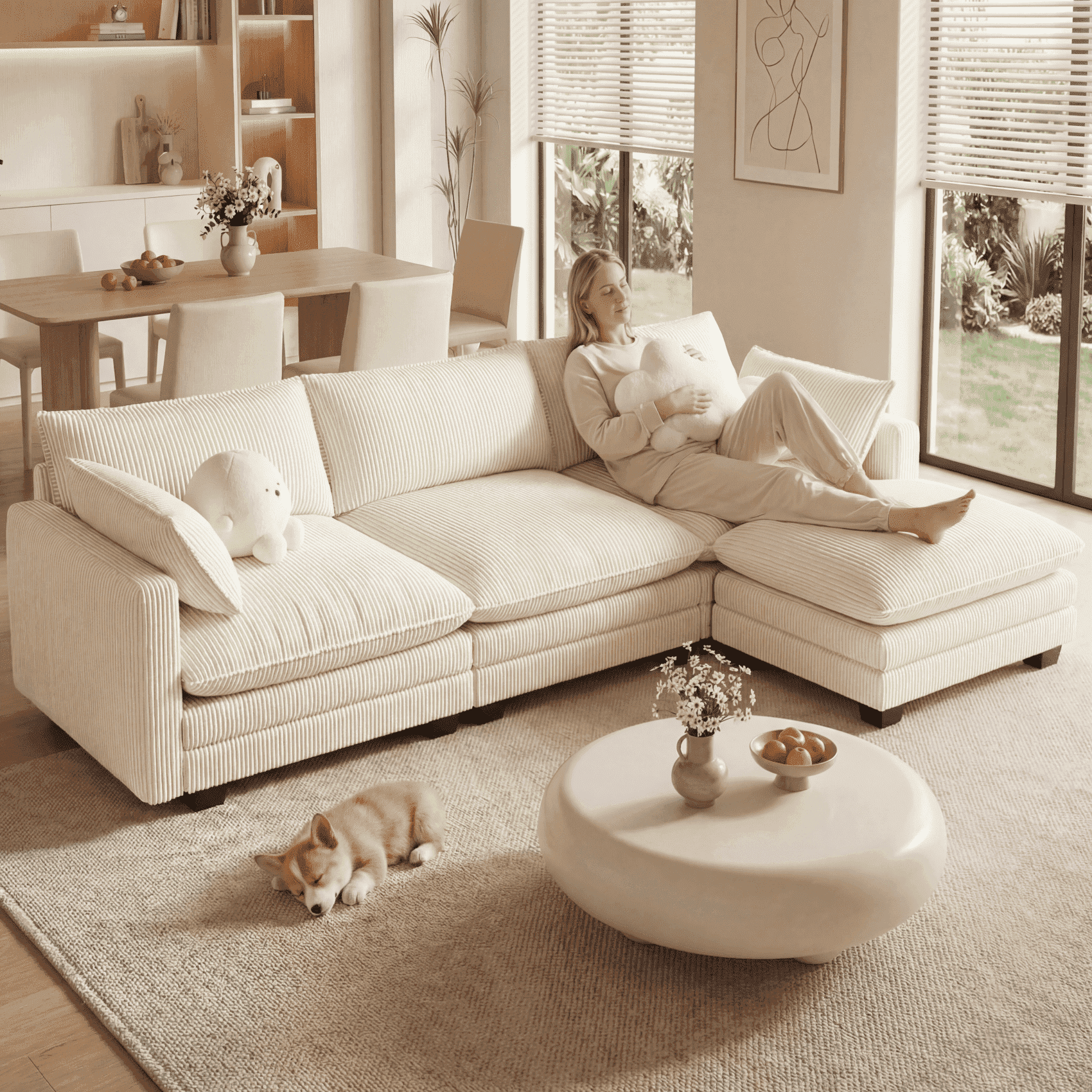 110'' Oversized L Shaped Couch for Living Room, Cloud Couches with Washable Corduroy Cover, Modern 4-Seater Comfy Deep-Seat Sofa with Movable Ottoman and 2 Throw Pillows for Apartment, Gray