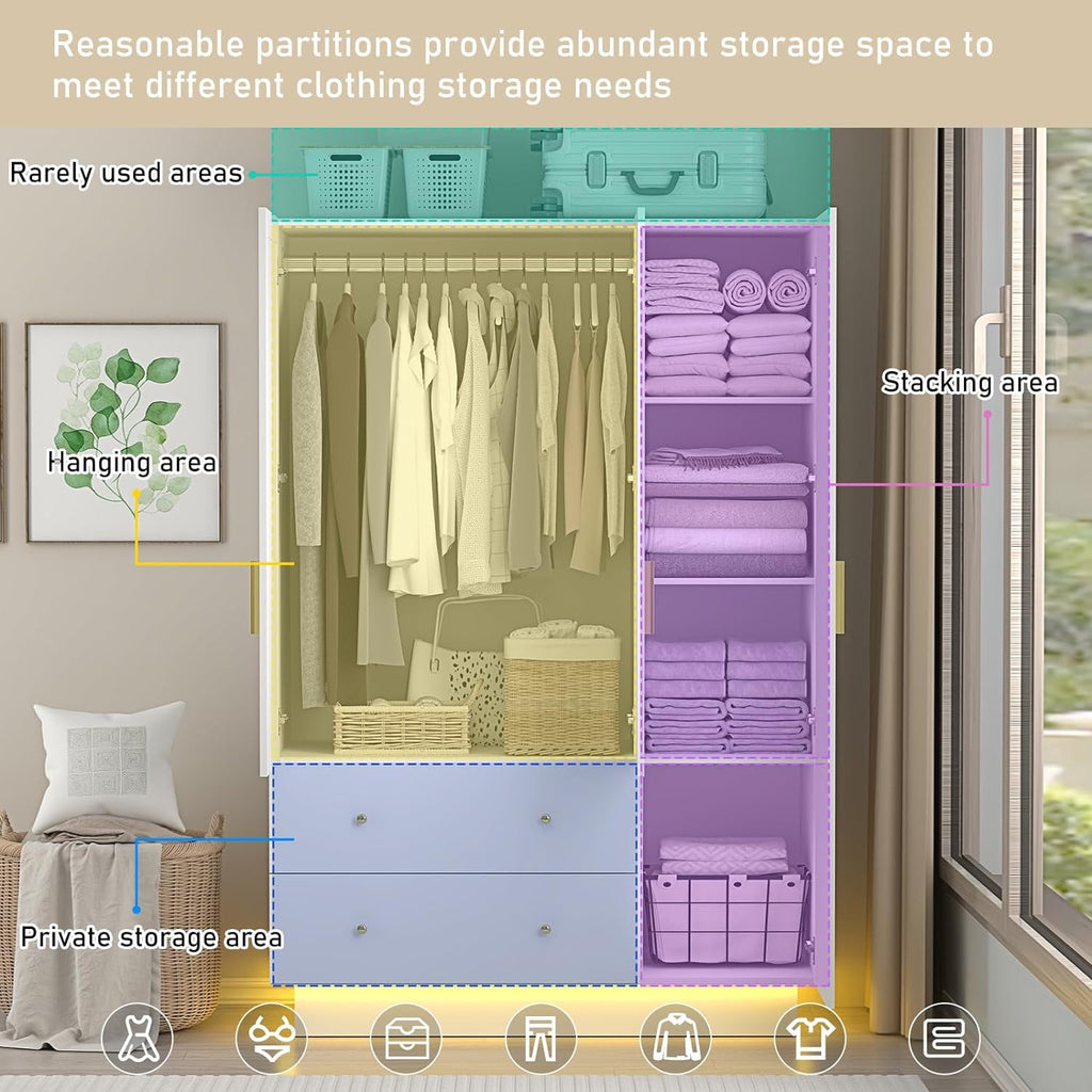 Blotout 70 Armoire Wardrobe Closet with Mirror, LED Wardrobe Armoire with 2 Drawers, 3 Door Wood Armoire Storage with Hanging Rods and Multi-Layer Shelves
