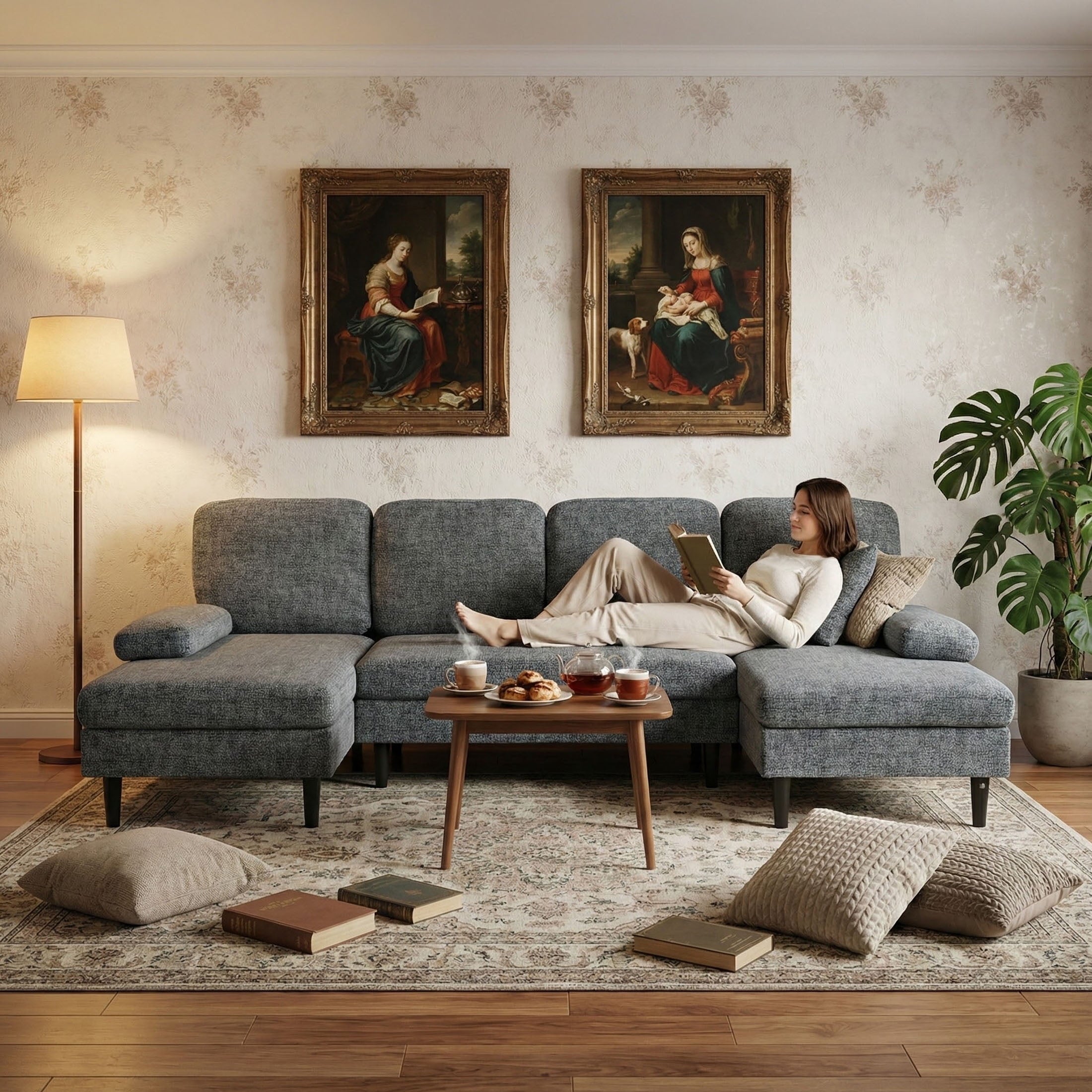 edx 99 U-Shaped 6 Seat Sofa Couch for Living Room, Linen Fabric Sofa Bed with Removable Pillows for Home and Apartment (Fabric, Dark Grey)