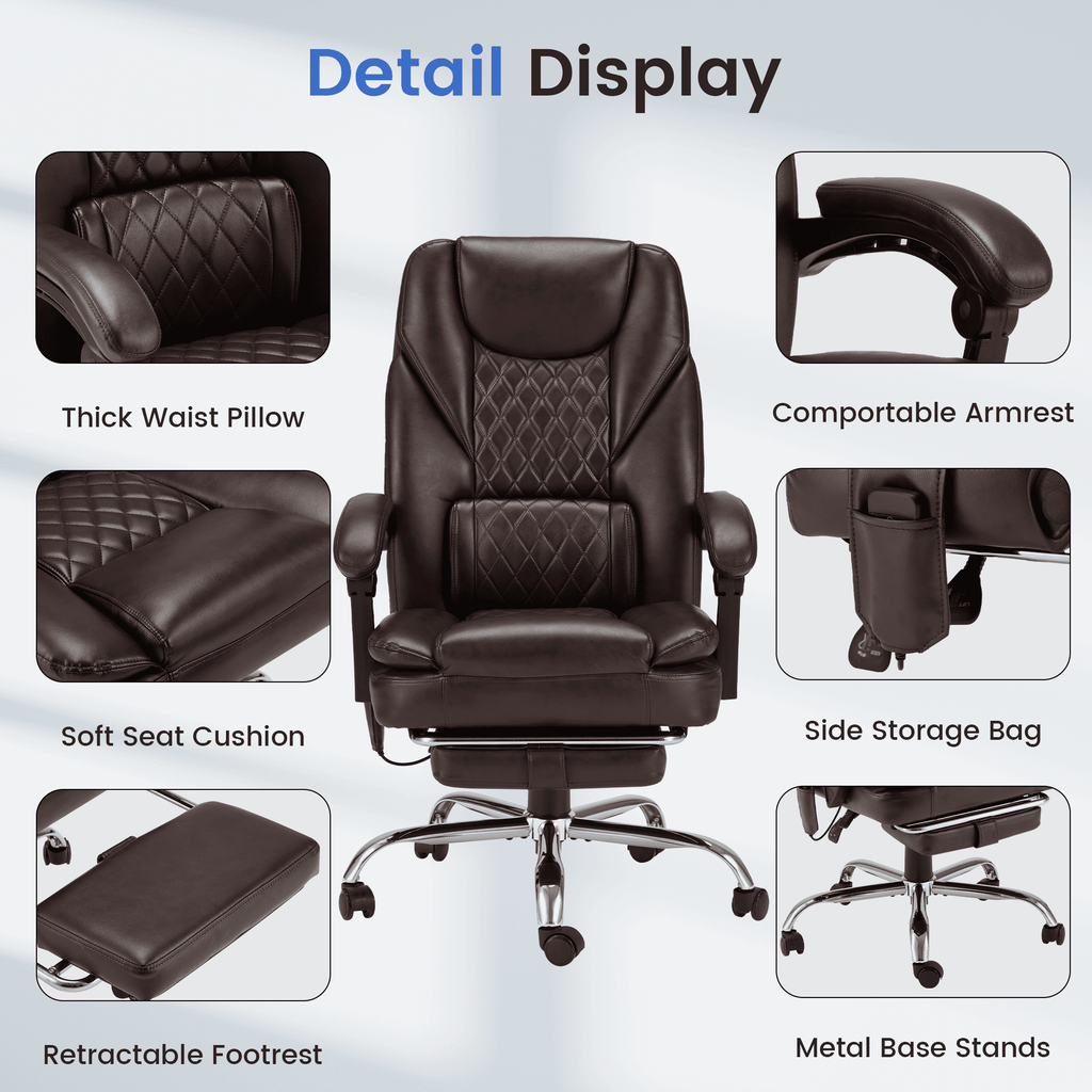 HOMREST Ergonomic Office Chair with 6-Point Massage & Heating, Adjustable Executive Desk Chair with Retractable Footrest, PU Leather Home Office Desk Chair for Home & Office (Black)