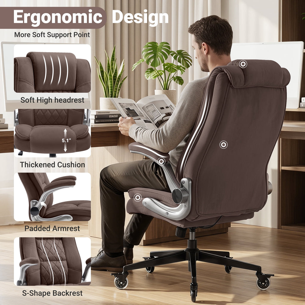 Ergonomic Home Office Chair with Locking Wheels, High-back Desk Chair with Thick Padded Flip-up Armrest, Comfy Executive Chair with Adjustable Lumbar Support for Home & Office & Work