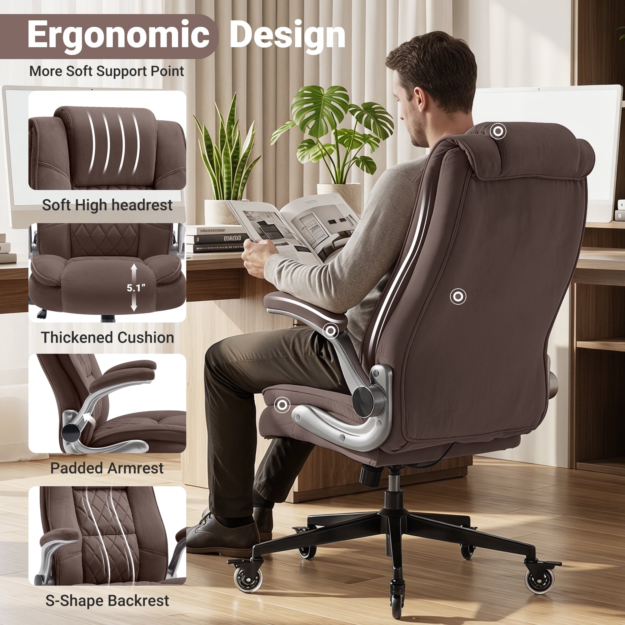 Ergonomic Home Office Chair with Locking Wheels, High-back Desk Chair with Thick Padded Flip-up Armrest, Comfy Executive Chair with Adjustable Lumbar Support for Home & Office & Work
