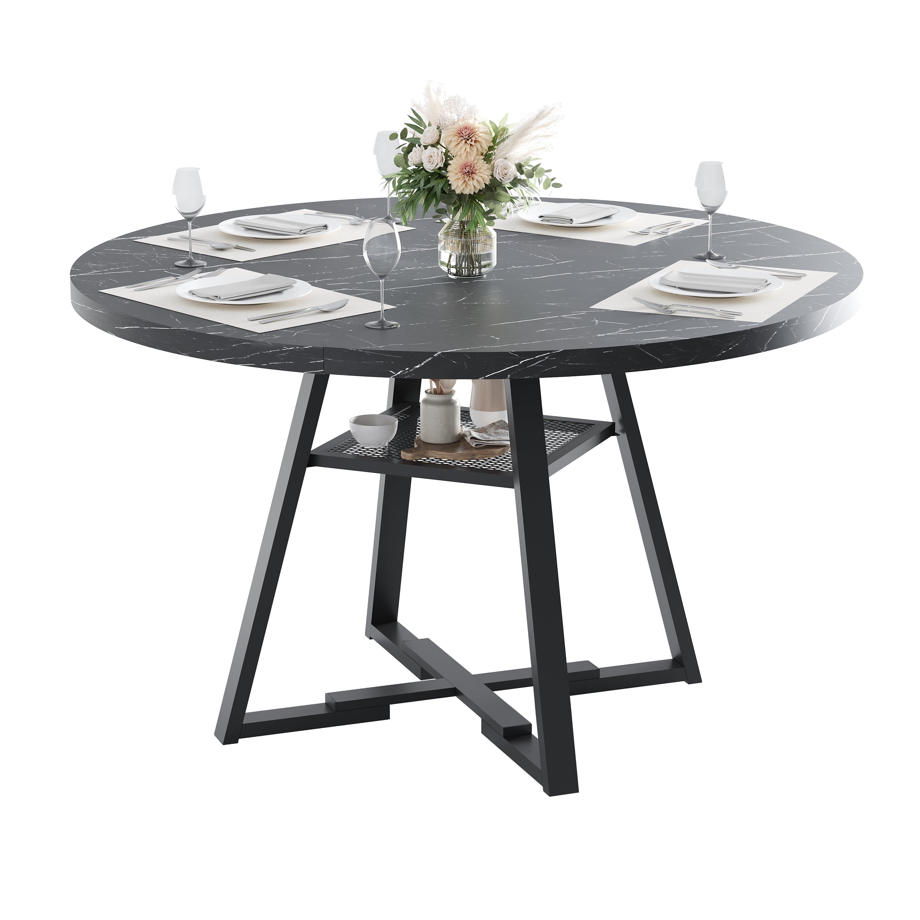 PAPROOS Round Dining Table, 43'' Faux Marble Dining Table with Storage Shelf, Circle Dining Table for Dining Room, Modern Kitchen Table for 4 People, White(Only Table)