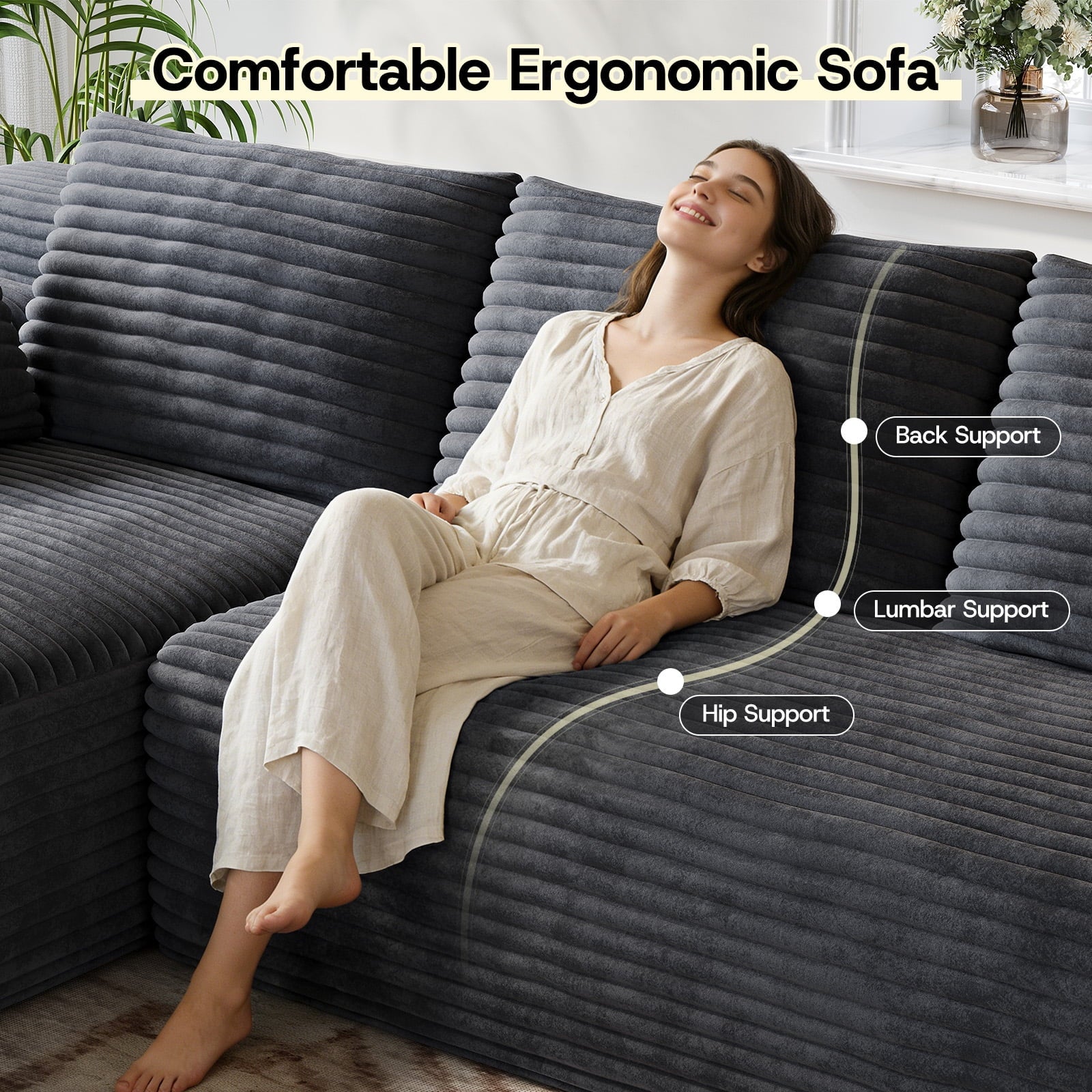 Patbrela 106 Sectional Couch for Living Room, L-Shaped Boneless Cloud Couch Corduroy Modern Sectional Sofa with Deep Seat and Thickened Cushion, No Assembly Required, Black