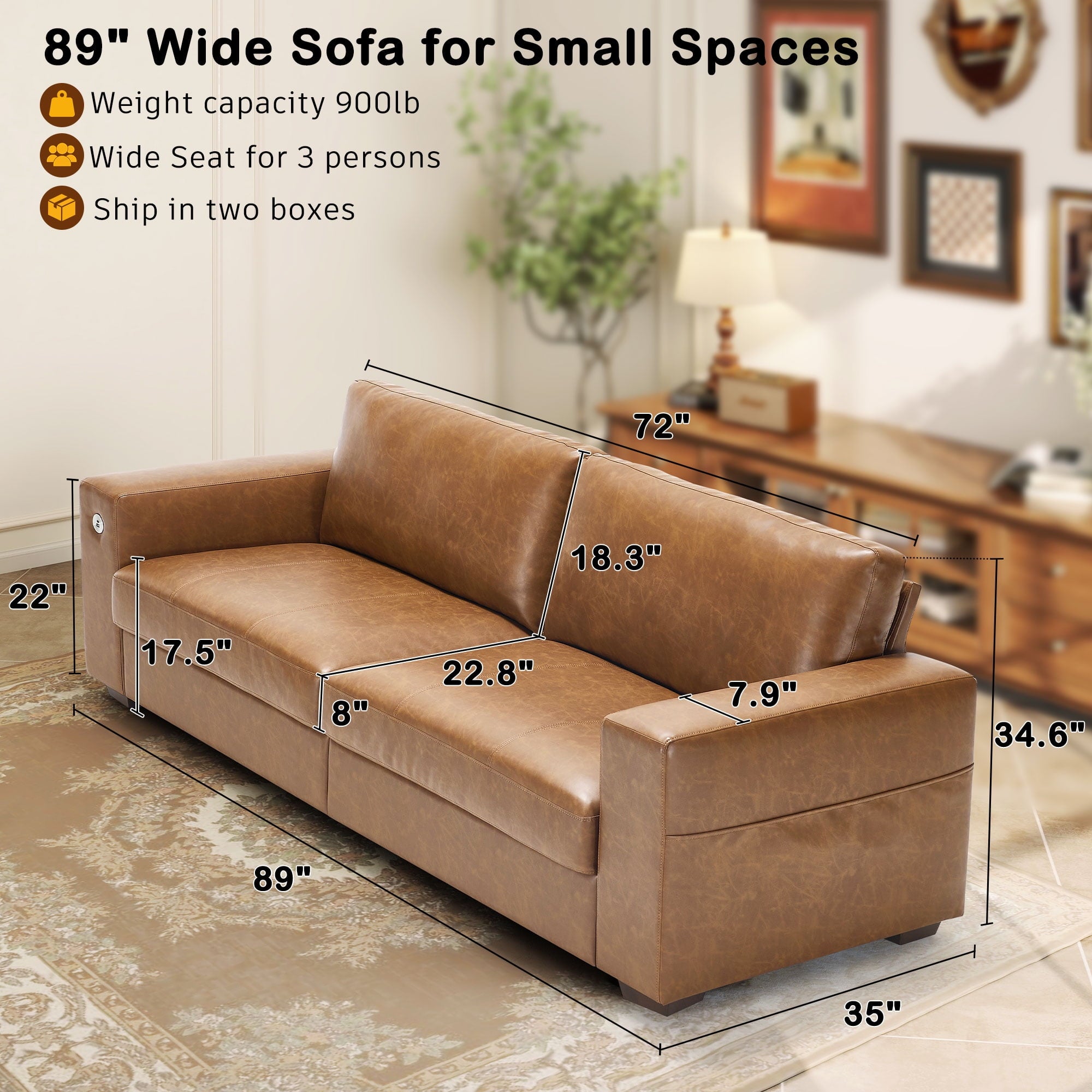 Bedluxury 89 Deep Sofa Couch with USB/Type-C Charging, Storage Pocket & Wide Armrest, Removable Cover, Seats 3 Adults, Chenille Beige