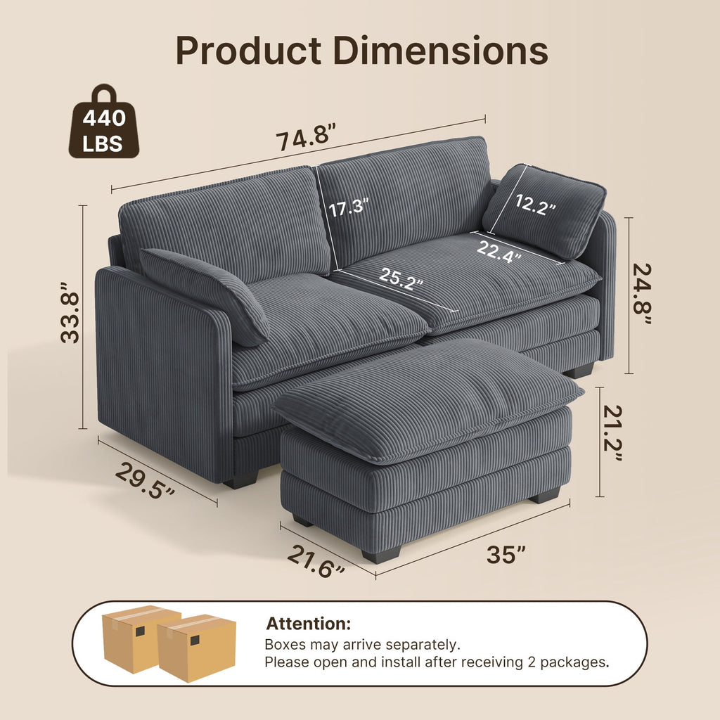 Asofer 31 Cloud Accent Sofa With Washable Cover, Single Corduroy Chair with Deep Seat Upholstered Cushion for Apartment,Dark gray