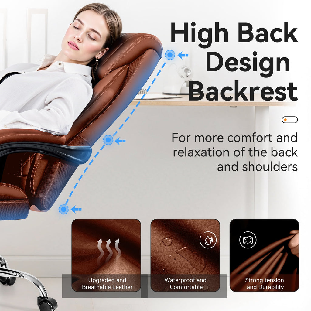 FASTES Ergonomic Office Chair, Big and Tall Leather Desk Chair with Footrest and Lumbar Support, 2-Position Reclining Executive Computer Chair, Black
