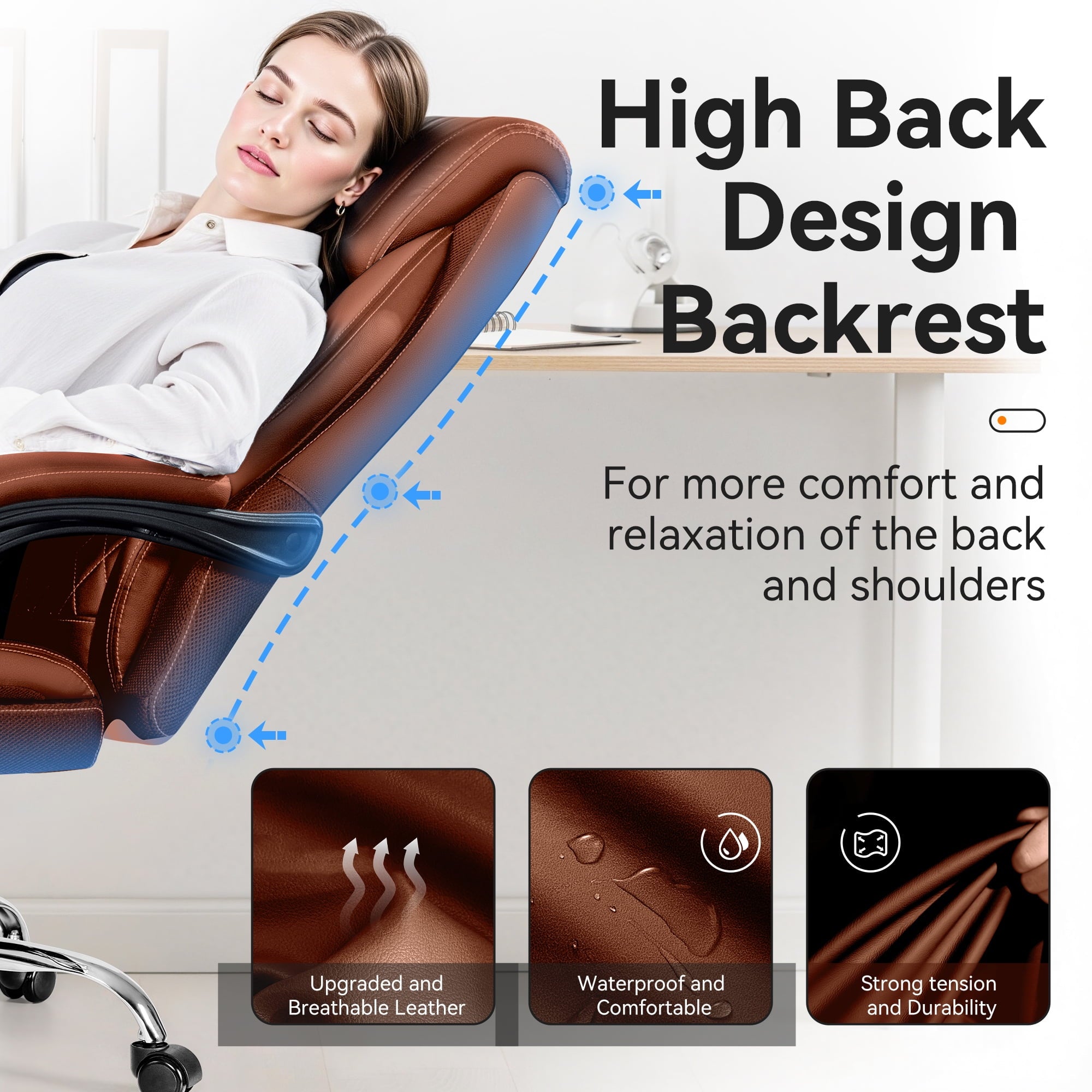 FASTES Ergonomic Office Chair, Big and Tall Leather Desk Chair with Footrest and Lumbar Support, 2-Position Reclining Executive Computer Chair, Black