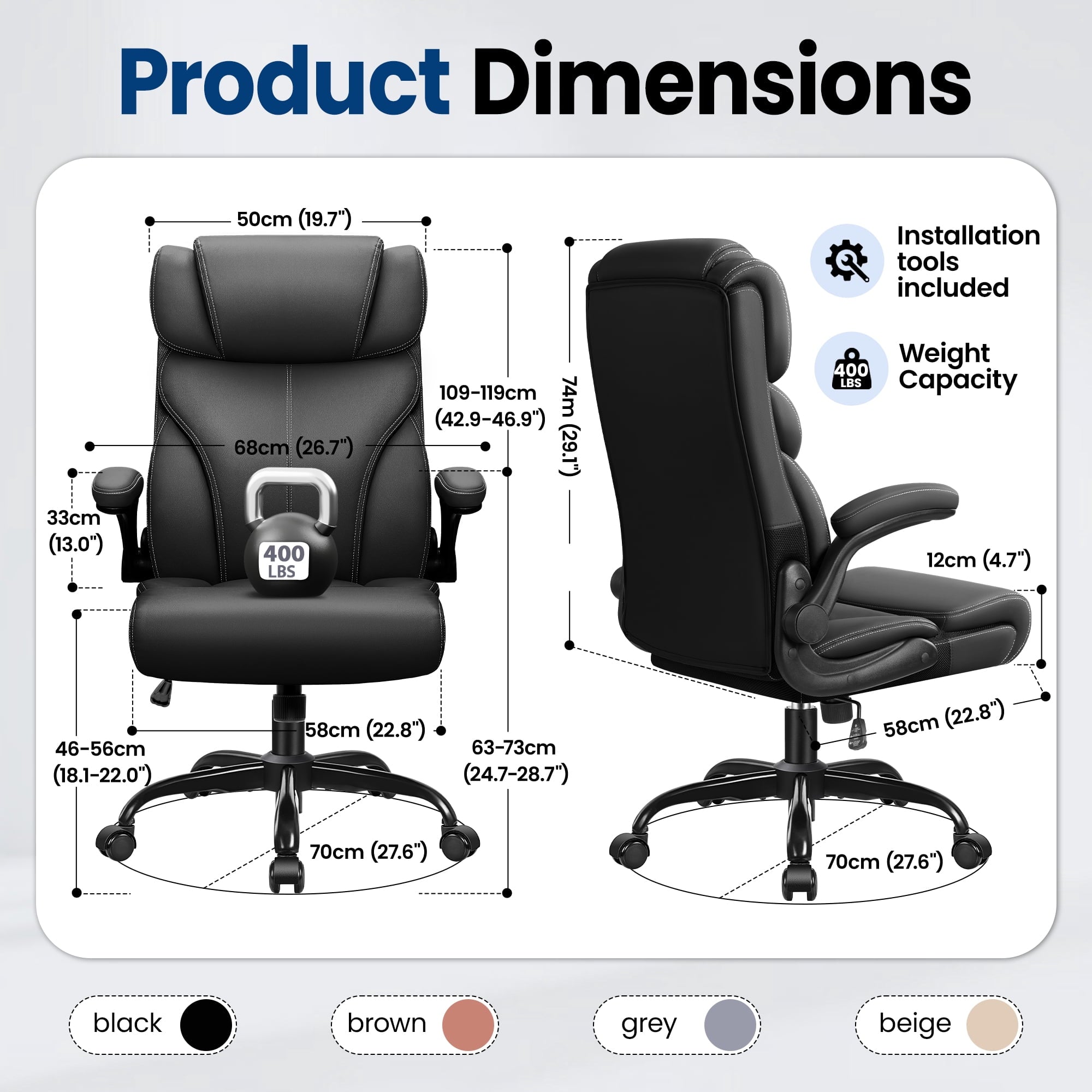 STACOO High Back Executive Office Chair 400lbs, Big and Tall Ergonomic Desk Chair with Lumbar Support & Flip-up Armrests, PU Leather Swivel Chair with Adjustable Height – Brown