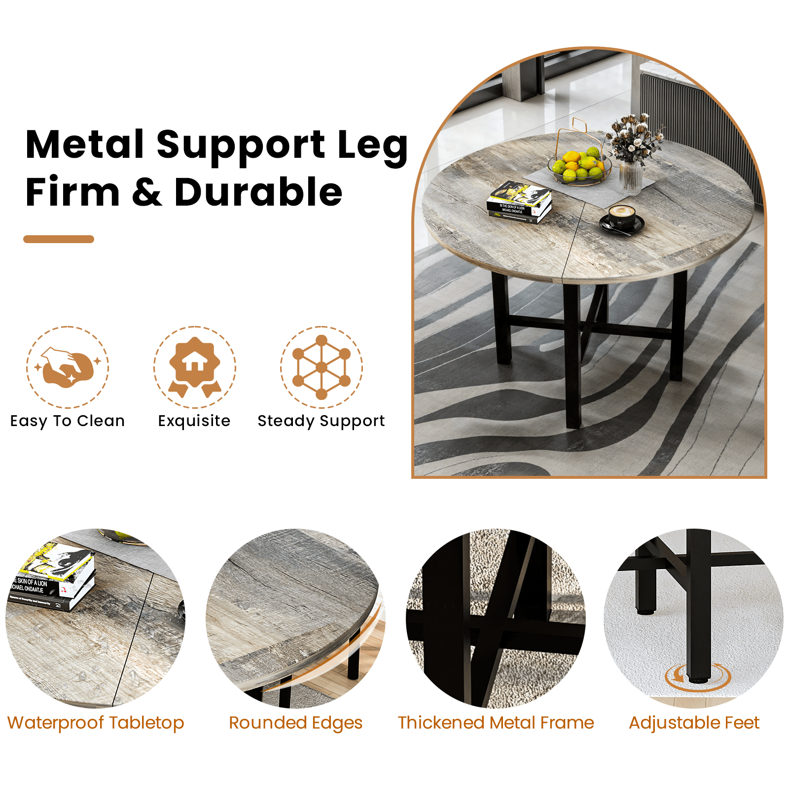 Lamerge Round Dining Table Set for 4,Wood Round Kitchen Table and Chairs Set for 4,Modern Dining Room Table Set with 4 Faux Leather Chairs,Round Dinner Table for Small Space,Brown