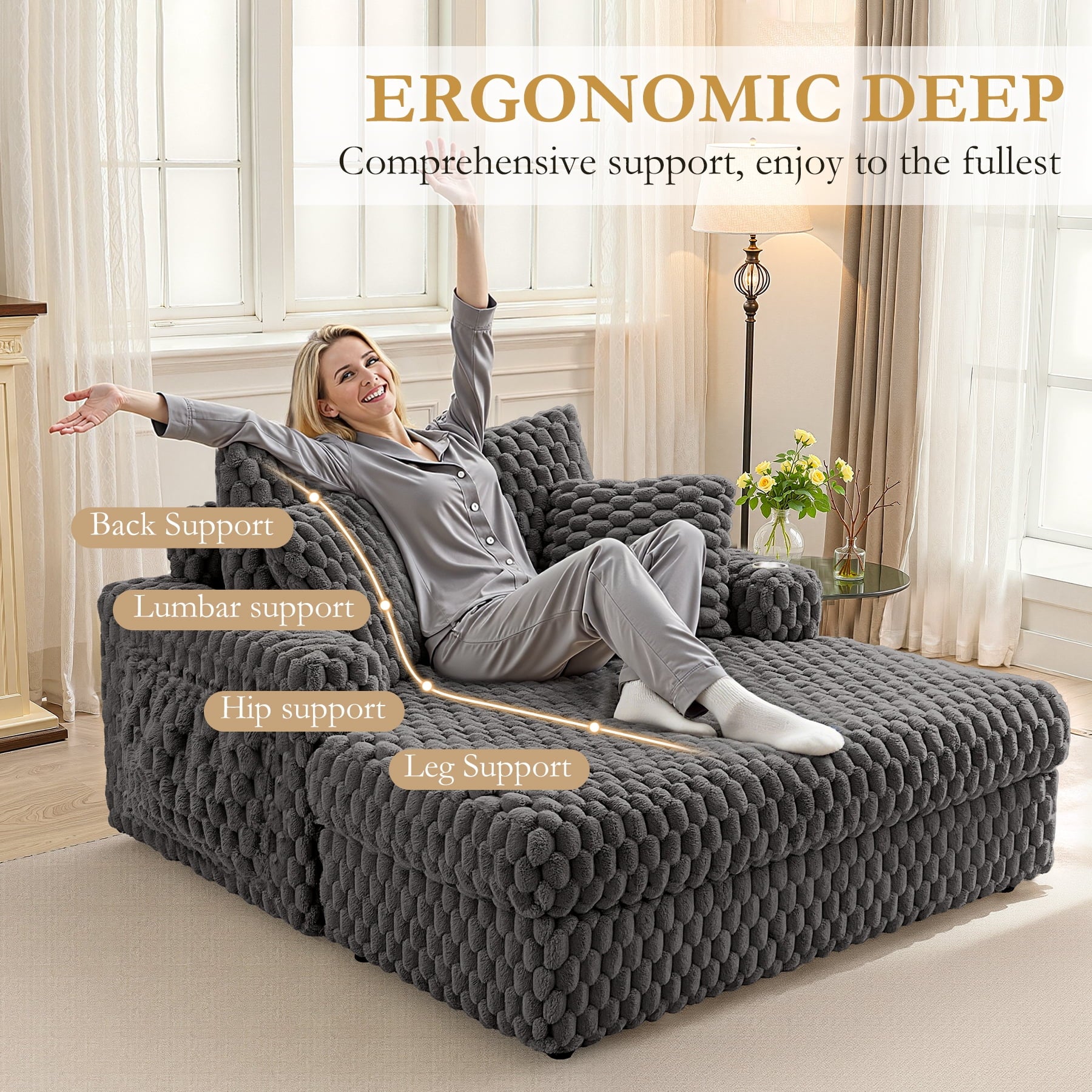 ATHOPE 67.3 Chaise Lounge Chair Indoor, Corduroy Couch Chair with Pillows, Comfy Reading Chairs with Wide Arms, Upholstered Sleeper Sofa for Living Room, No Assembly Required, Gray