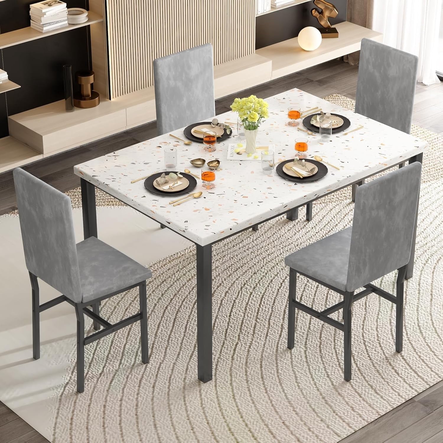 MIERES 5 Piece Dinning Table Sets for 4, Marble Kitchen Table and Chairs for 4,Dining Room Table Set with PU Leather Chairs,Faux Marble Dining Set for Small Spaces,Living Room,White+Brown