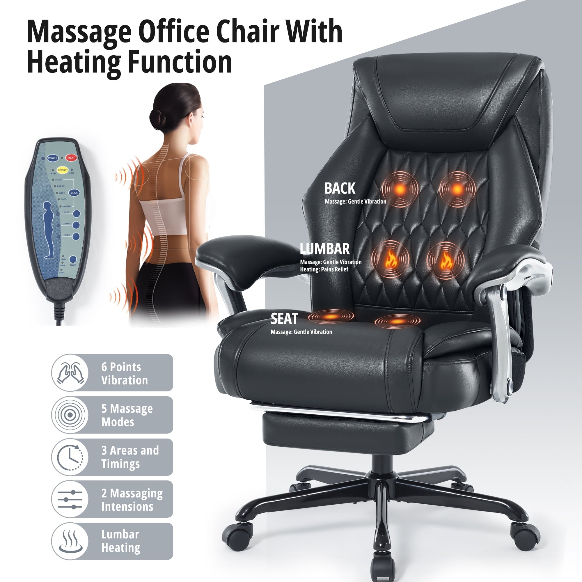 Heated Massage Office Chair with 6 Points Vibration, Reclining Ergonomic Desk Chair with Footrest for Extra Comfort, PU Leather High Back Executive Computer Chair, Thick Padded Massage Chair