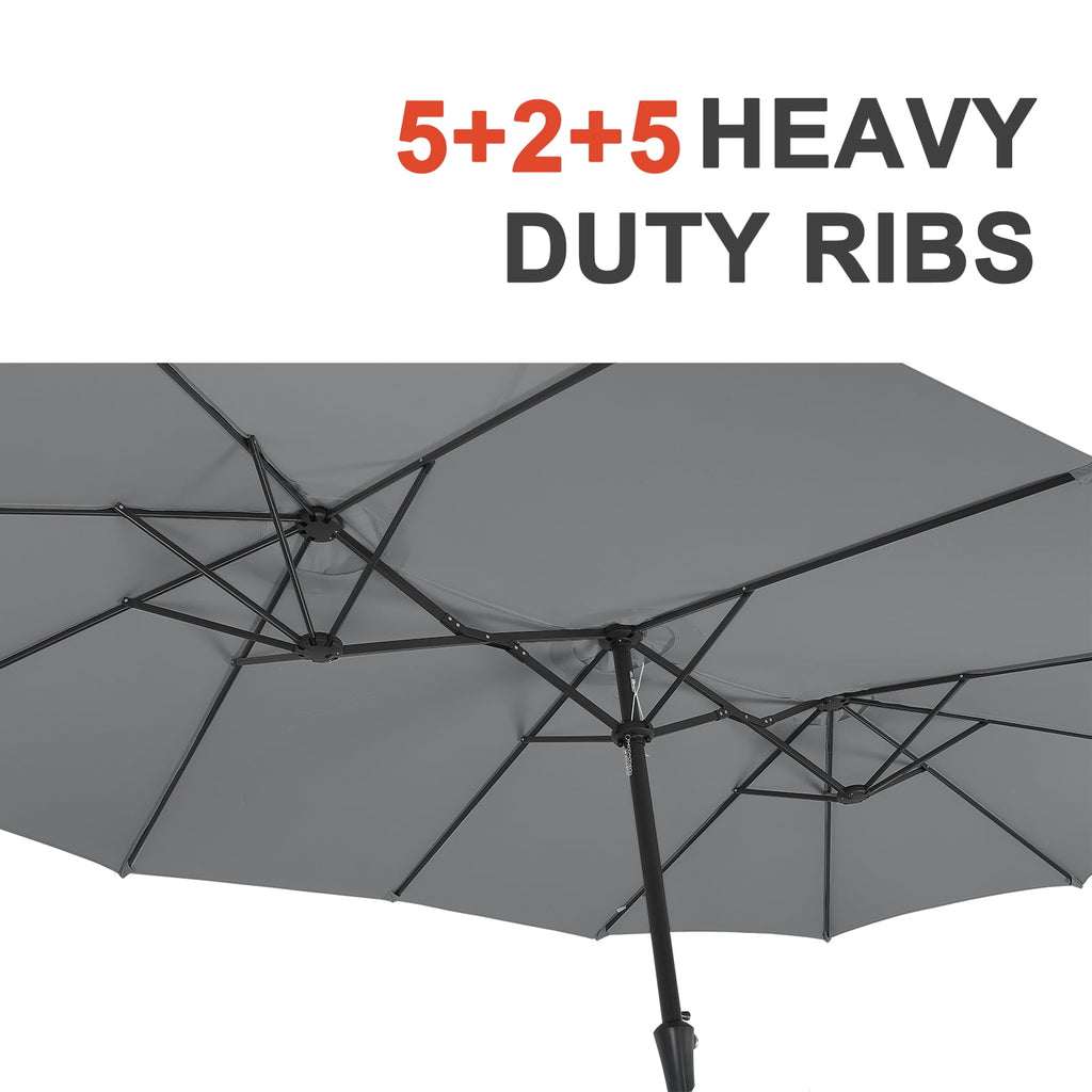 Ainfox 15ft Large Patio Umbrella with Solar Lights, Double-Sided Outdoor Rectangle Table Umbrellas with Sand Bag Base，Beige