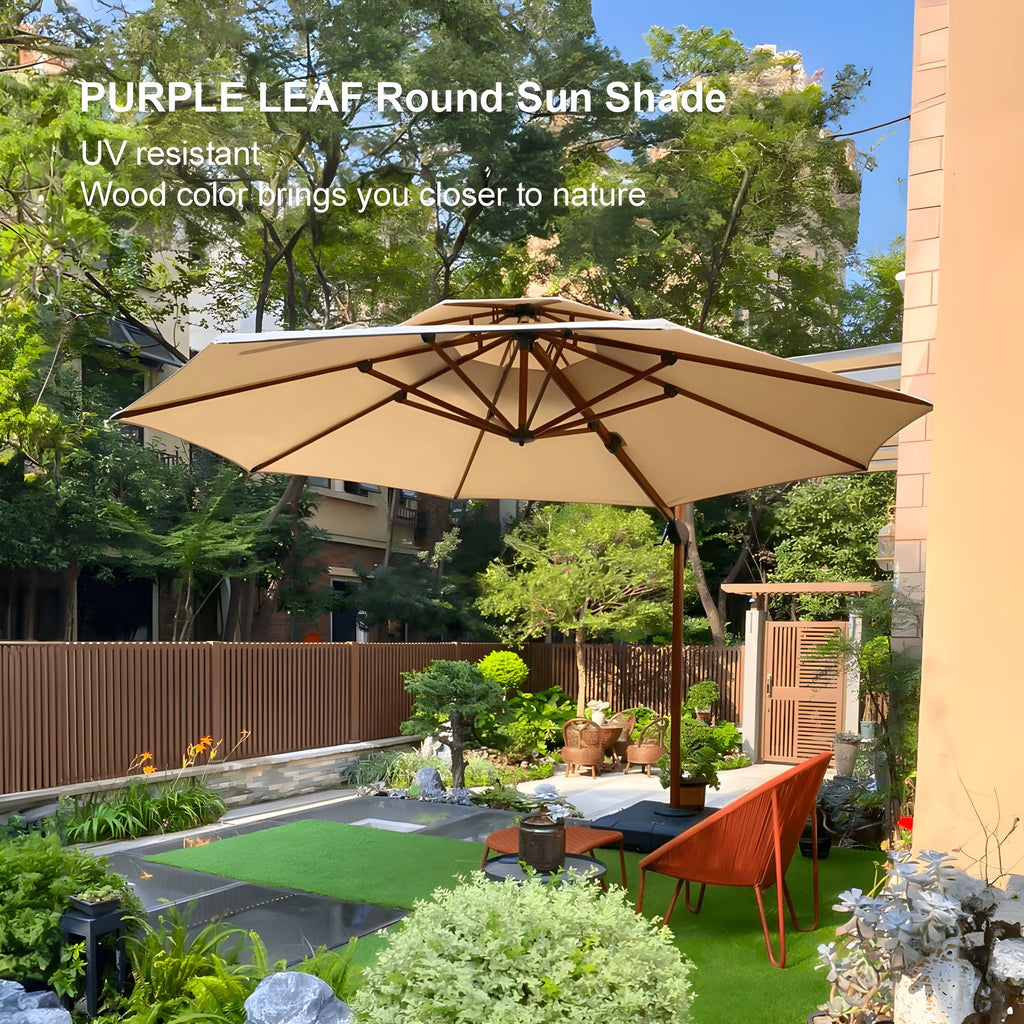 PURPLE LEAF 11FT Deluxe Round Wood Grain Patio Umbrella, Large Offset Cantilever Umbrella with 360° Rotation, Navy Blue