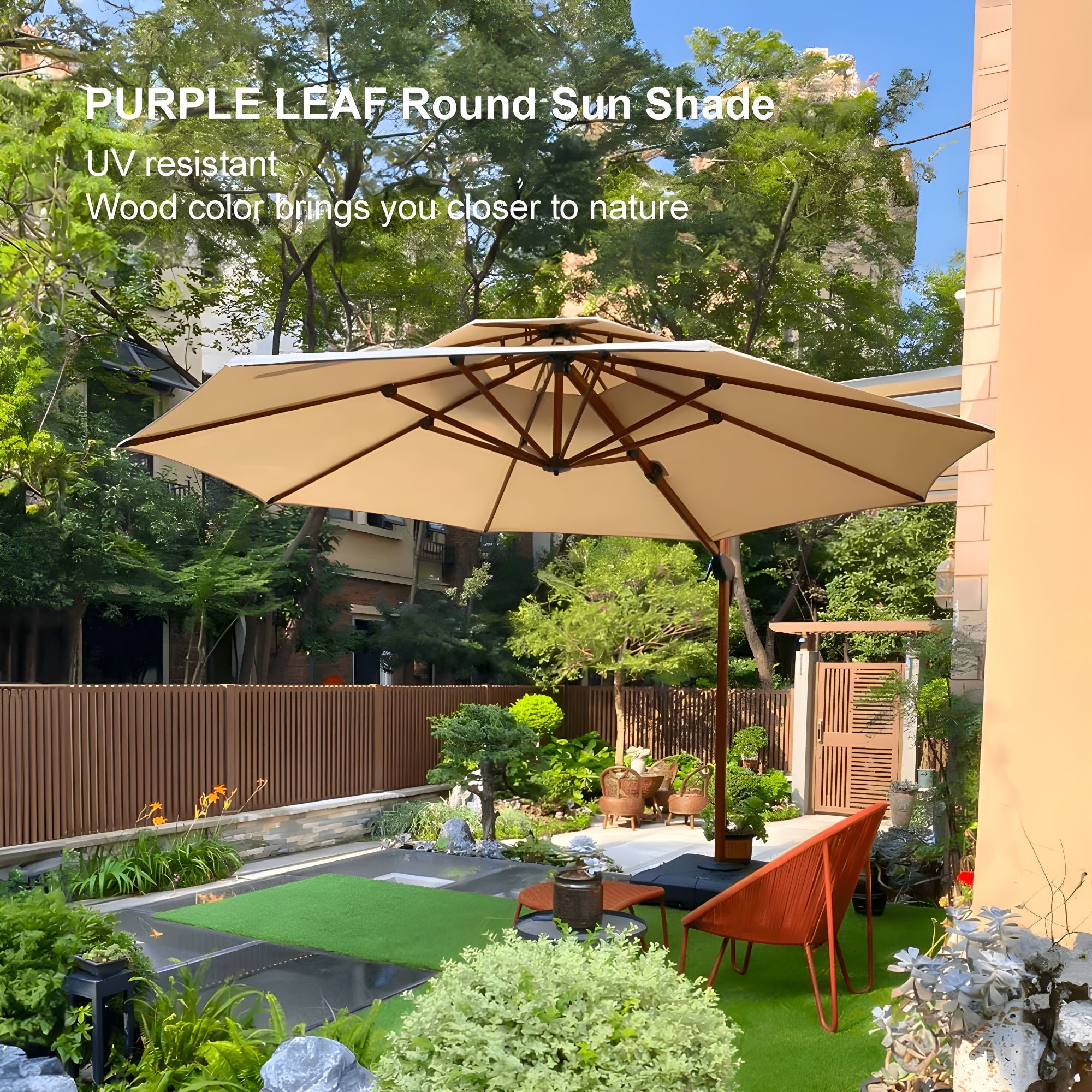 PURPLE LEAF 11FT Deluxe Round Wood Grain Patio Umbrella, Large Offset Cantilever Umbrella with 360° Rotation, Navy Blue