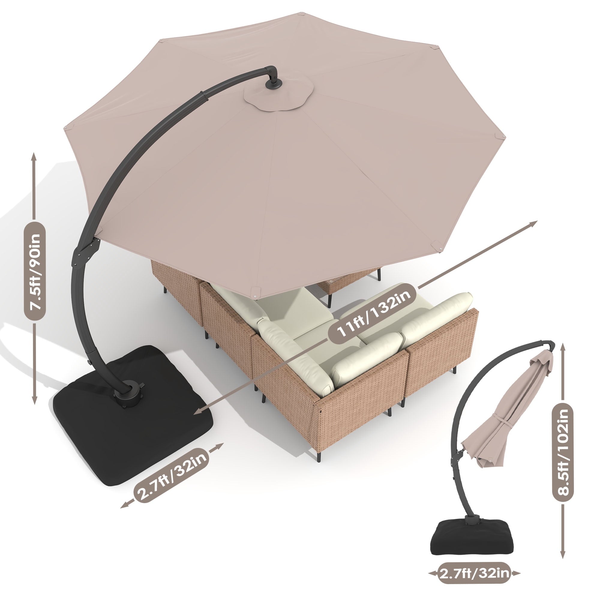 LAZZO 11ft Outdoor Patio Umbrella with Base, Aluminum Offset Cantilever Umbrella for Pool Deck, Champagne