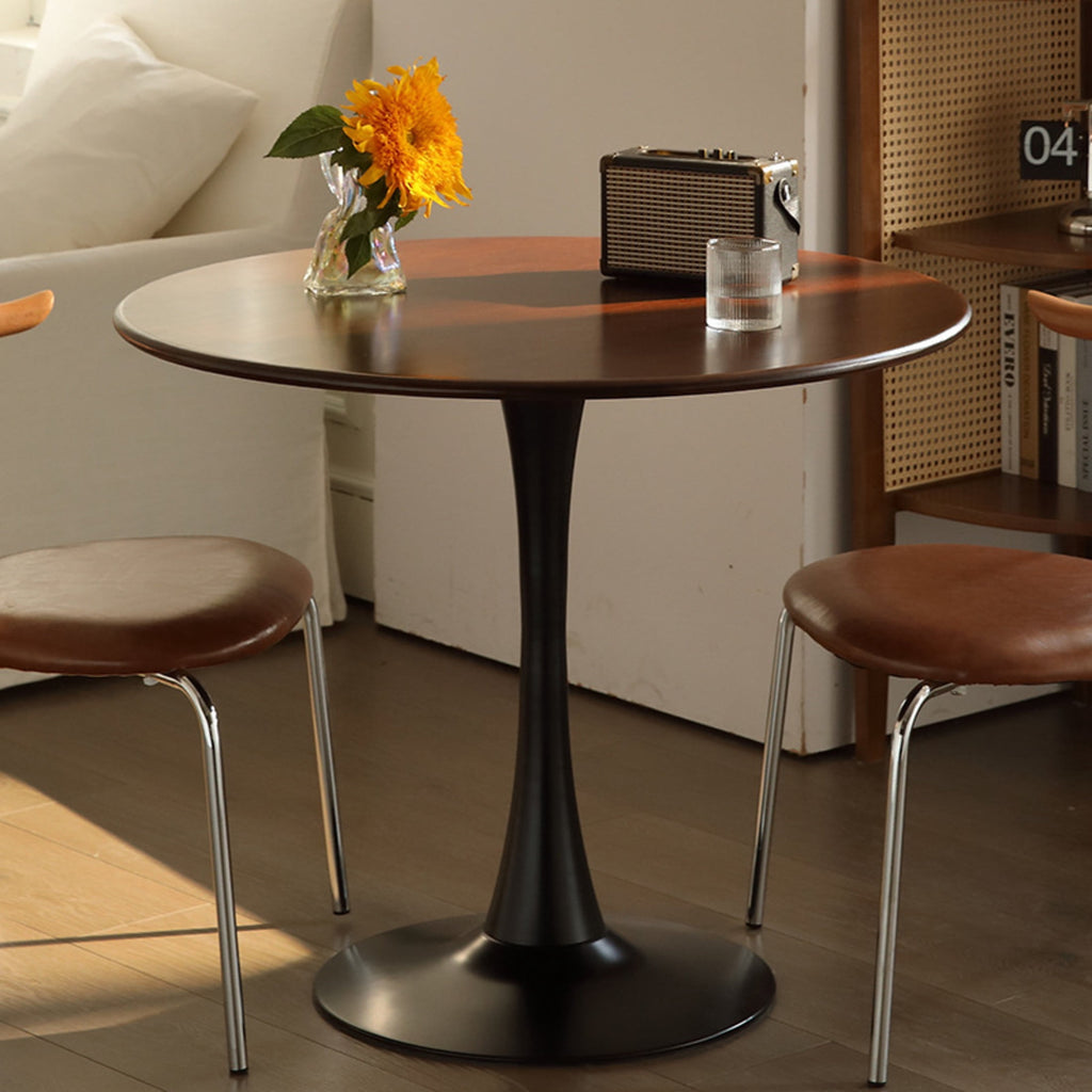 GDF Studio 24 Round Modern Dining Table, Wooden Top Tulip Table with Steel Pedestal Base, Kitchen Table, Walnut