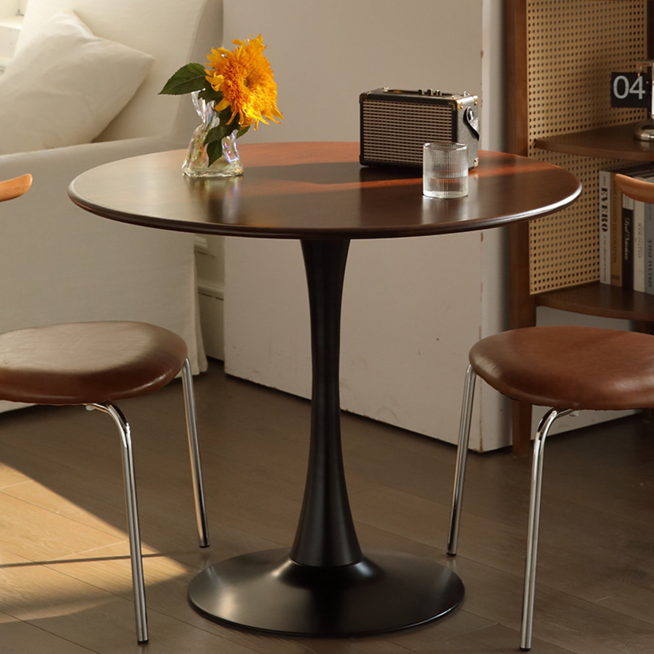 GDF Studio 24 Round Modern Dining Table, Wooden Top Tulip Table with Steel Pedestal Base, Kitchen Table, Walnut