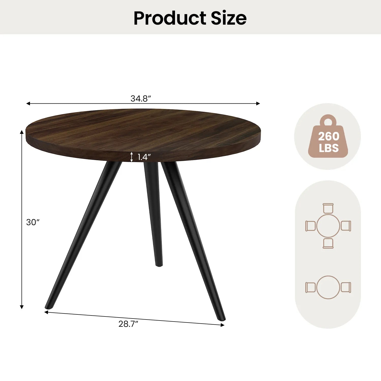 34.8 Round Dining Table for 4 People, Modern Circle Kitchen Table with Metal Legs for Kitchen, Dining Room, Apartment,Gray