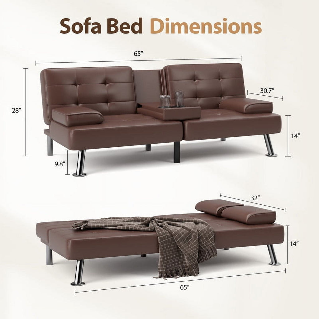 Furmax 3-in-1 Futon Sofa Bed Convertible Couch – Faux Leather Recliner with Cup Holders for Living Room, Apartment & Small Space, Black