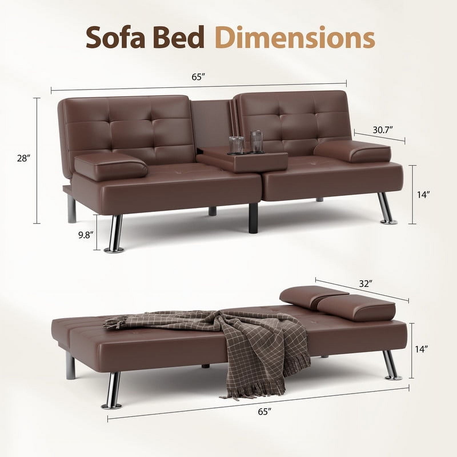 Furmax 3-in-1 Futon Sofa Bed Convertible Couch – Faux Leather Recliner with Cup Holders for Living Room, Apartment & Small Space, Black