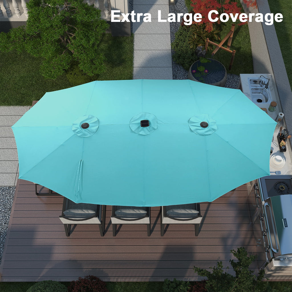 Ainfox 15ft Large Patio Umbrella with Solar Lights, Double-Sided Outdoor Rectangle Table Umbrellas with Sand Bag Base，Beige