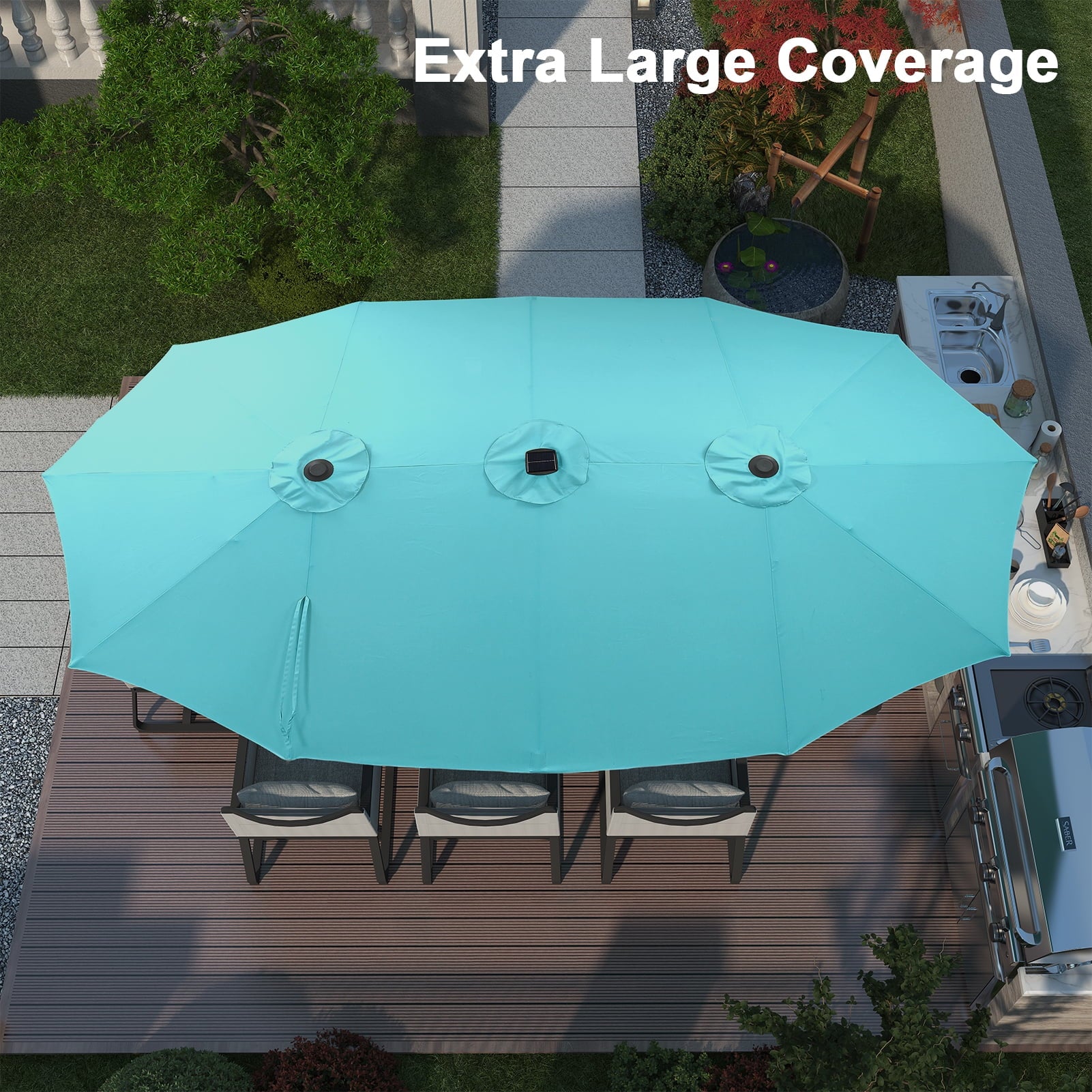 Ainfox 15ft Large Patio Umbrella with Solar Lights, Double-Sided Outdoor Rectangle Table Umbrellas with Sand Bag Base，Beige