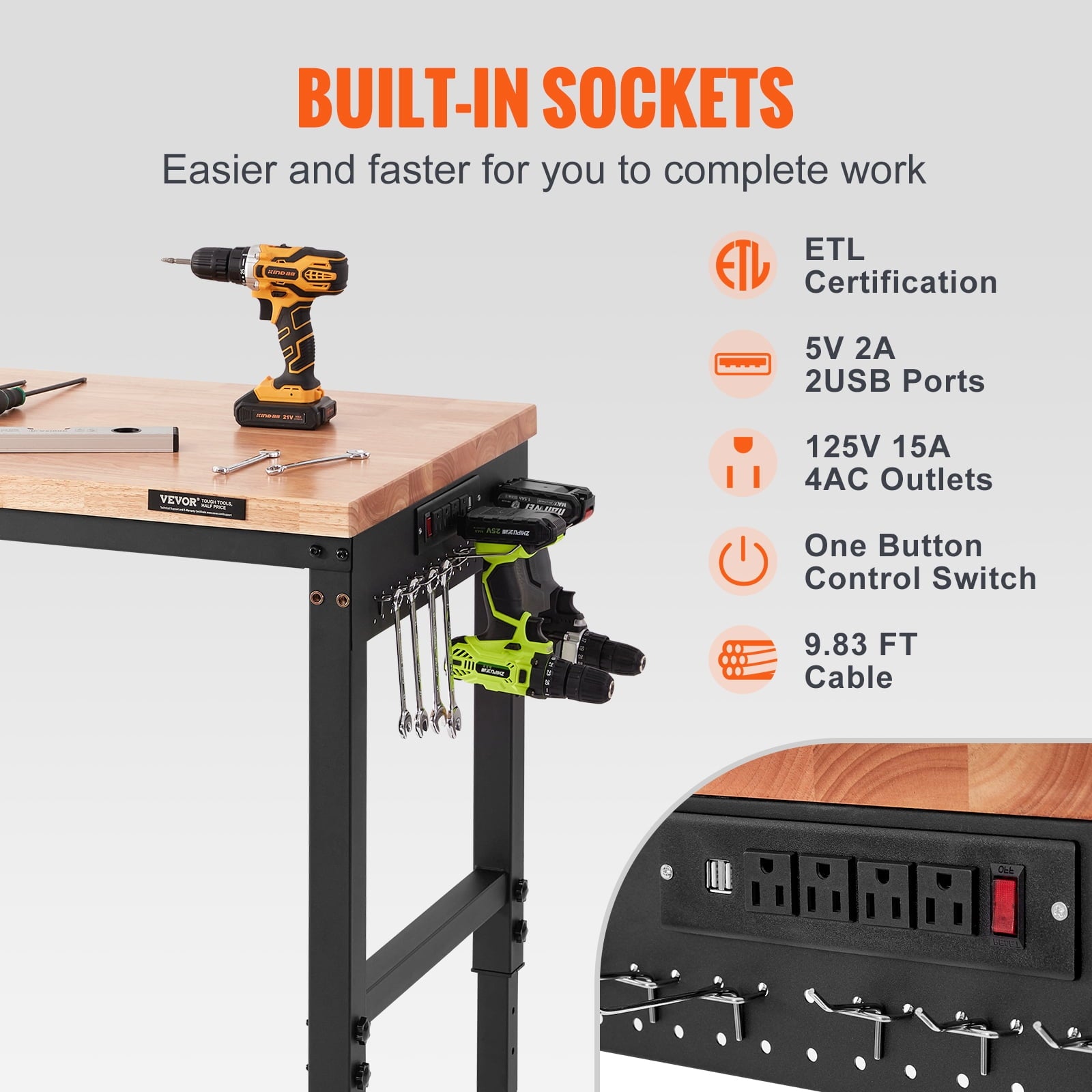 VEVOR Adjustable 28-39.5 Heights Workbench, 72 L X 25 W Garage Worktable with Universal Wheels, 3000 LBS Load Capacity, with Power Outlets