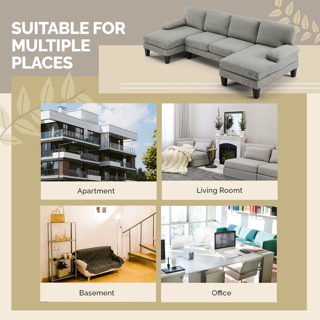 Ktaxon U-Shaped Sectional Sofa Set with Chaise, 4-Seater Blended Chenille Couch for Living Room, Apartment, Easy Assembly Khaki