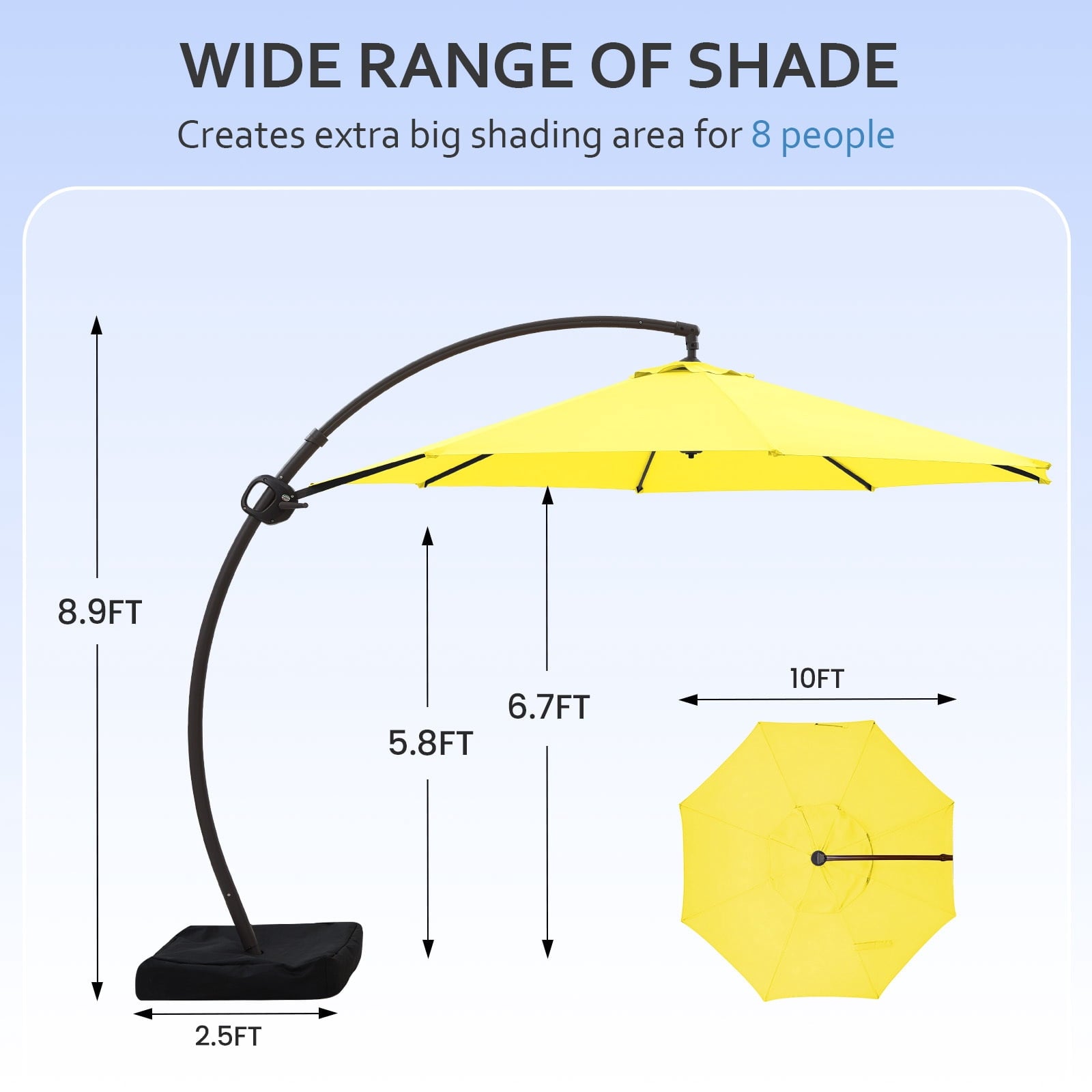 FUNDAZE 11ft Market Patio Umbrella with Base, Curved Cantilever Hanging Sun Shade with Crank & Tilt for Garden, Deck, Poolside,Beige