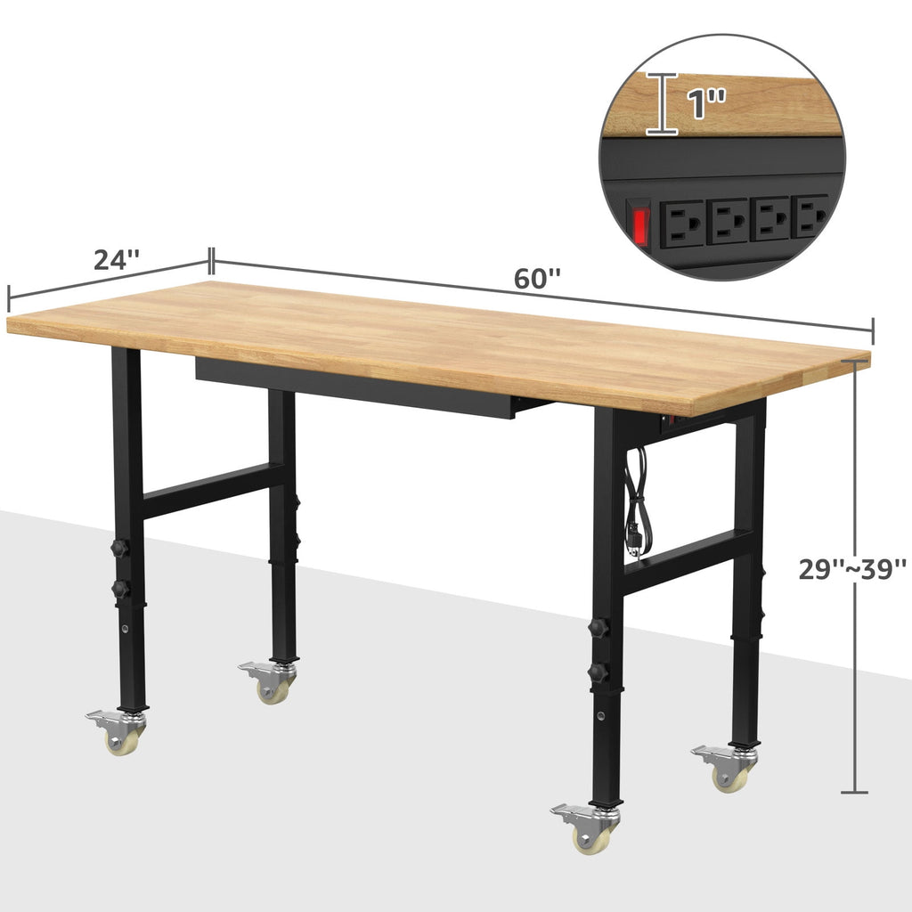 60 Adjustable Workbench,Heavy-Duty Work Table,3000 LBS Load Capacity Hardwood Workstation Outlets with Power strips and Wheels,for Workshop, Garage