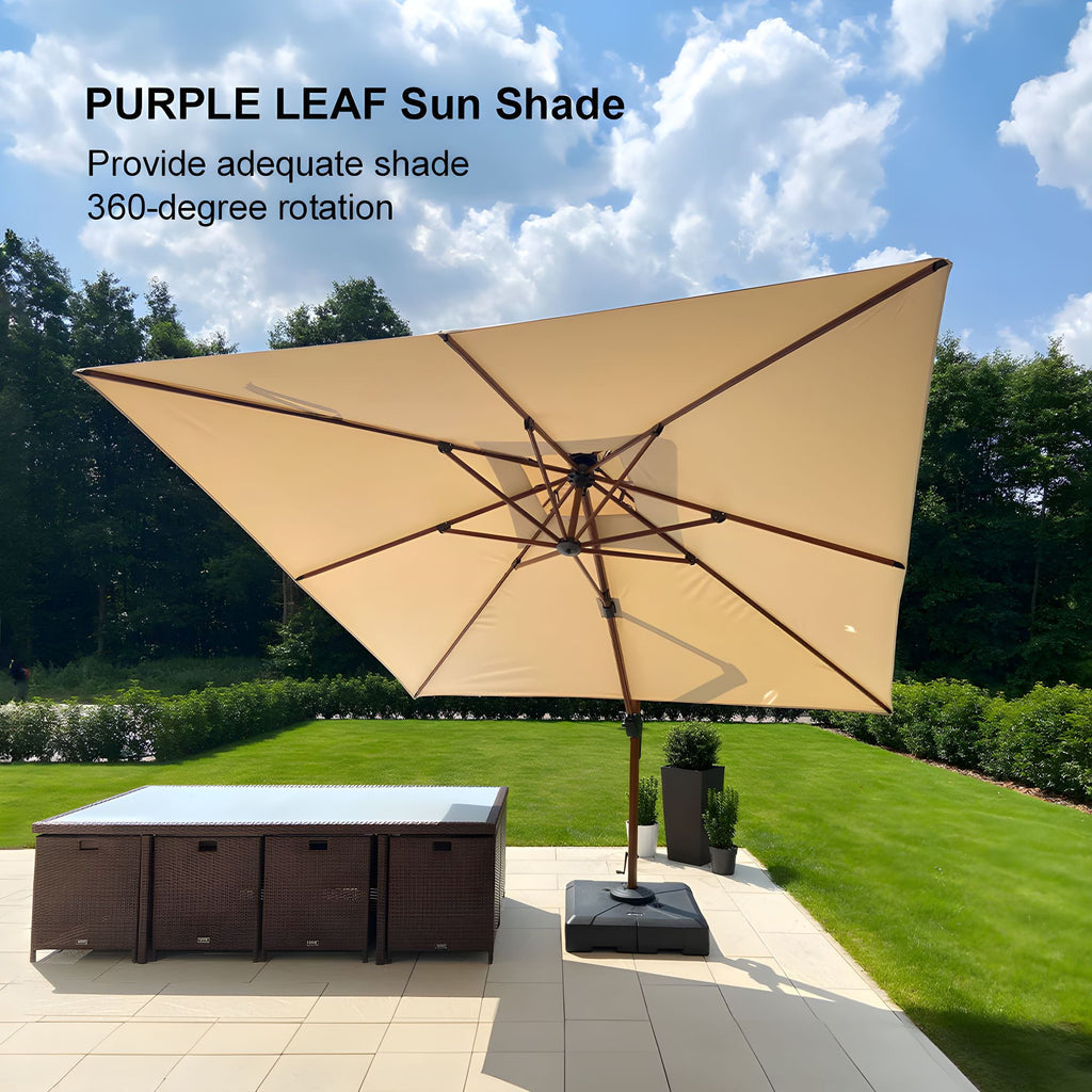 PURPLE LEAF 10FT Deluxe Square Wood Grain Patio Umbrella, Large Offset Cantilever Umbrella with 360° Rotation, Beige