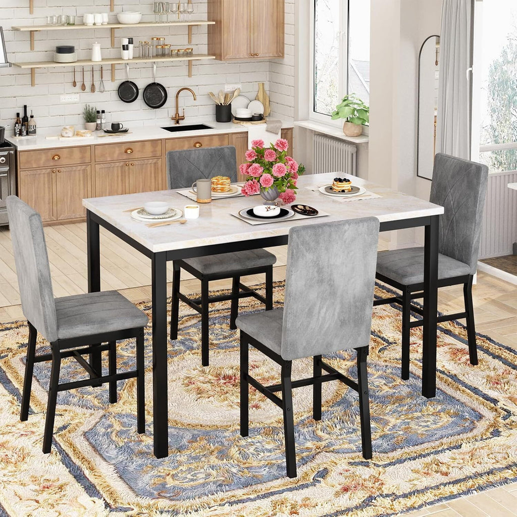 MOOSENG Dining Table Set for 4, Faux Marble Kitchen Table and Chairs Set of 4, 5-Piece Dining Room Set with PU Leather Upholstered Chairs for Small Space, Gray