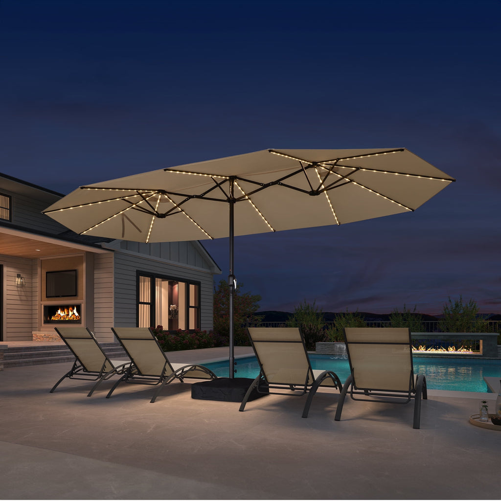PURPLE LEAF 13ft Market Patio Umbrella with Solar LED and Base Double-Sided Sun Umbrellas for Pool Beach Deck Backyard Taupe