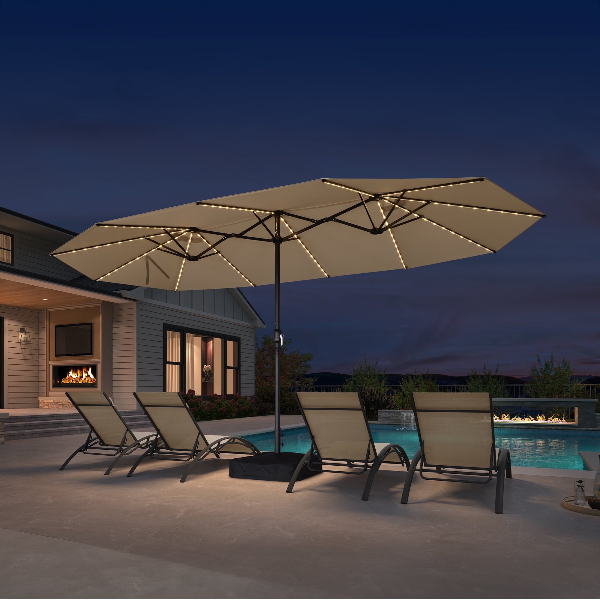 PURPLE LEAF 13ft Market Patio Umbrella with Solar LED and Base Double-Sided Sun Umbrellas for Pool Beach Deck Backyard Taupe