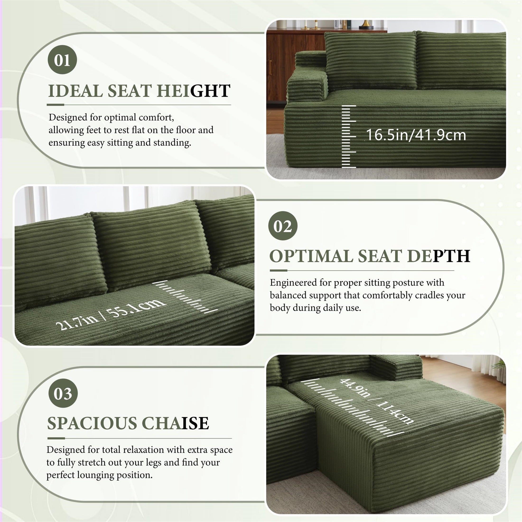 Aukfa 95 Cloud Sectional Sofa Deep Seat Boneless Couch Modular L-Shaped Couch, Left Chaise Corduroy Sofa for Living Room, Black