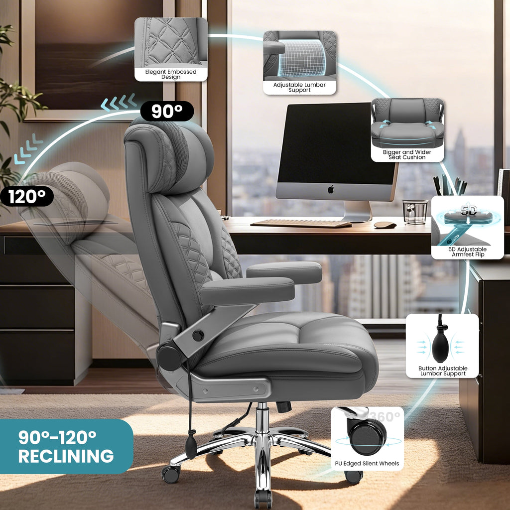FASTES Leather Office Chair Big and Tall Desk Office Chair, 500lbs Computer Chair Ergonomic Extra Wide Gaming Chair with Adjustable Lumbar Support 5D Flip Arms, Black