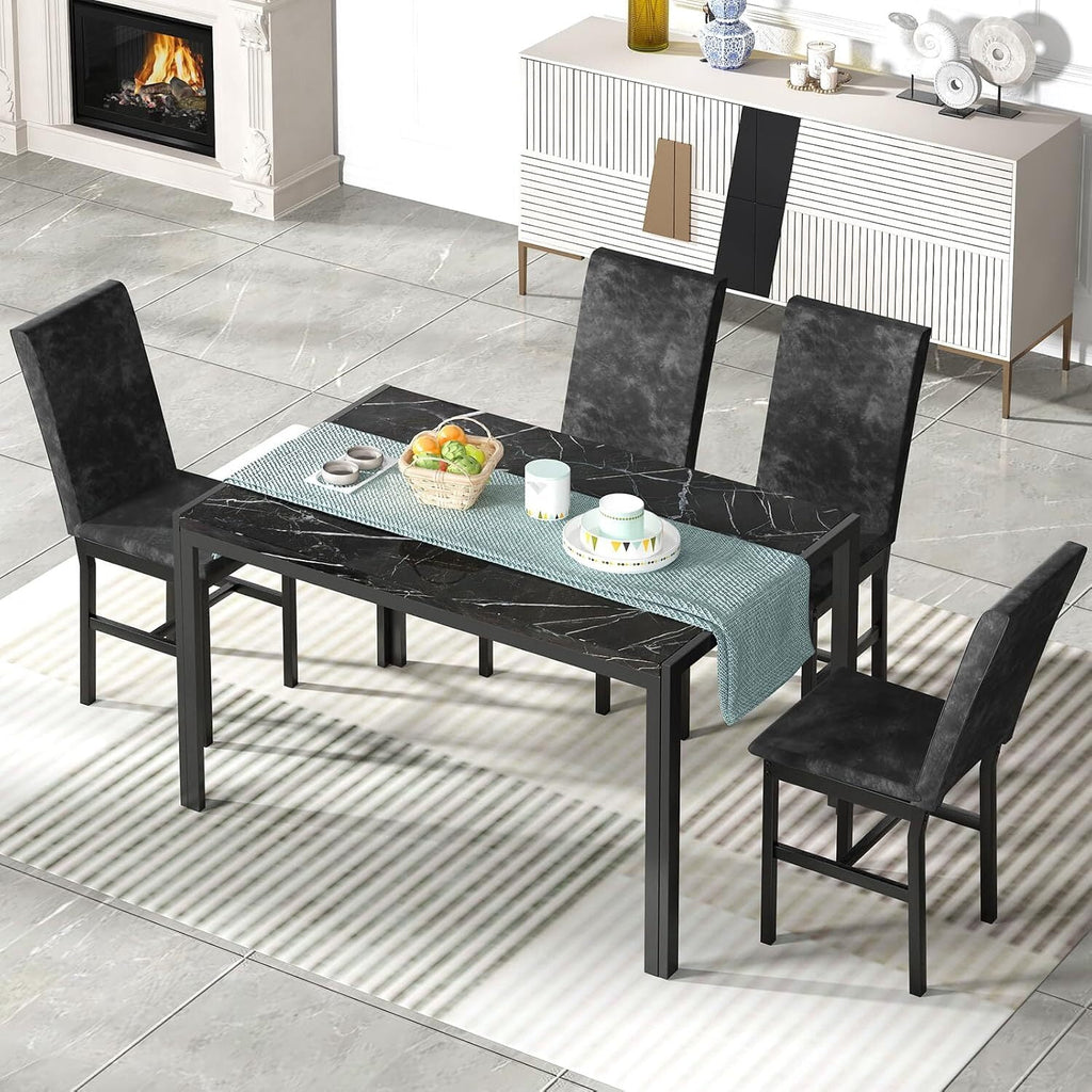 MOOSENG 5-Piece Dining Table Set with Faux Marble Top, Modern Kitchen Table and Set of 4 Grey Velvet Upholstered Chairs, Space-Saving Dinette Set for Small Spaces