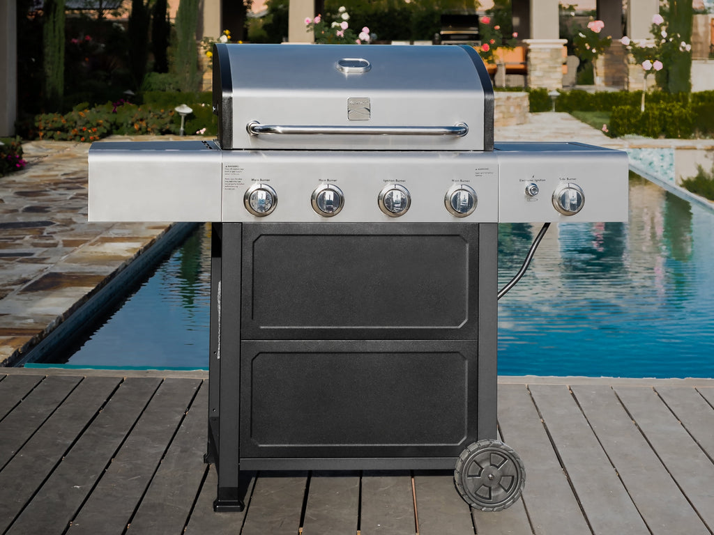 Kenmore 4-Burner Outdoor Propane Gas Grill with Side Burner, Open Cart, Stainless Steel