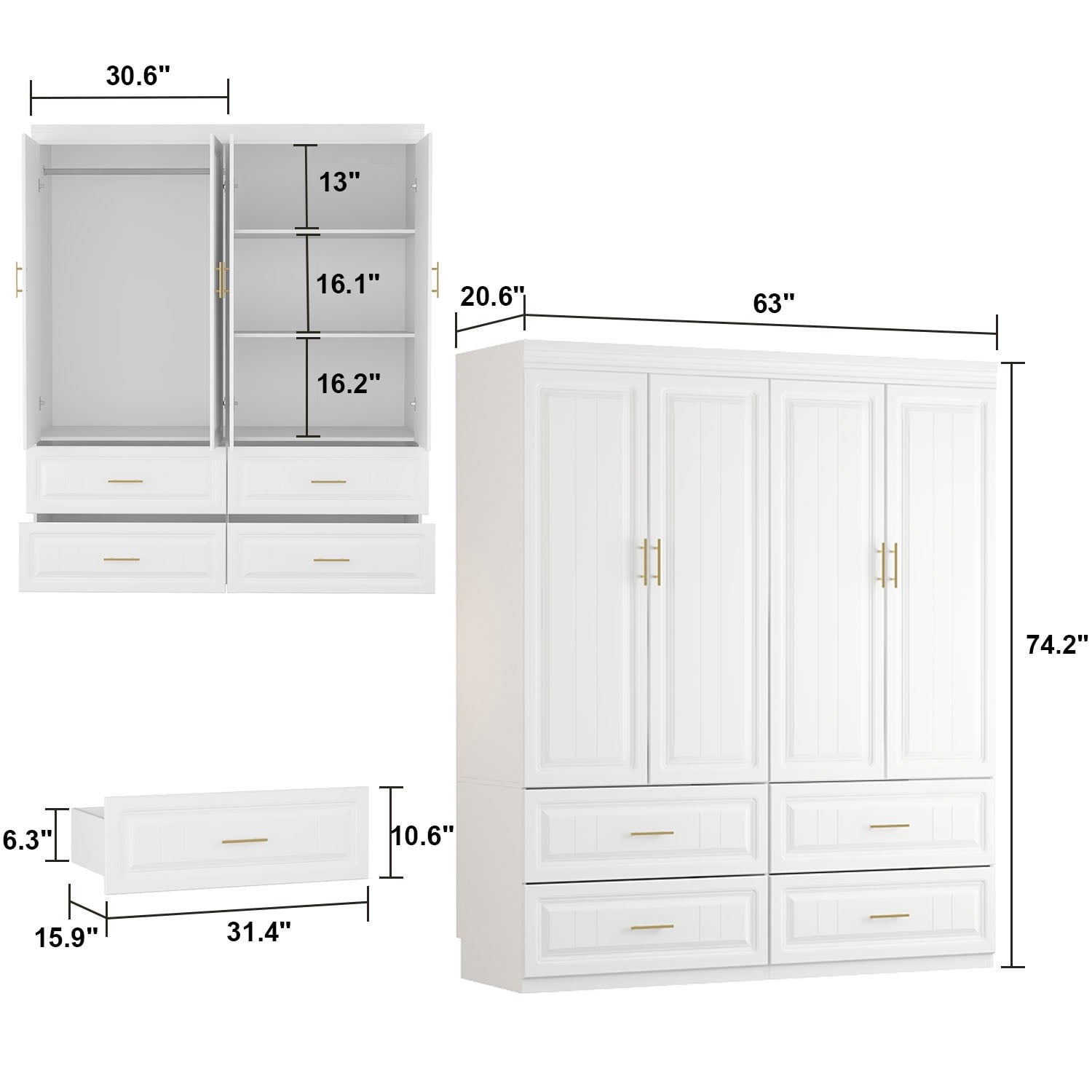 KULAGAGA 4-Door White Armoire, 63 Wide Wardrobe Storage Cabinet with Shelves and Drawers for Bedroom,74.4 H