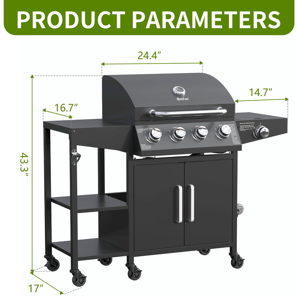 4 Burner Propane Gas Grill with 3 Tier Shelf, 50000 BTU Outdoor Cooking Stainless Steel BBQ Grills Cabinet,Can be Placed Smoke Box，Black