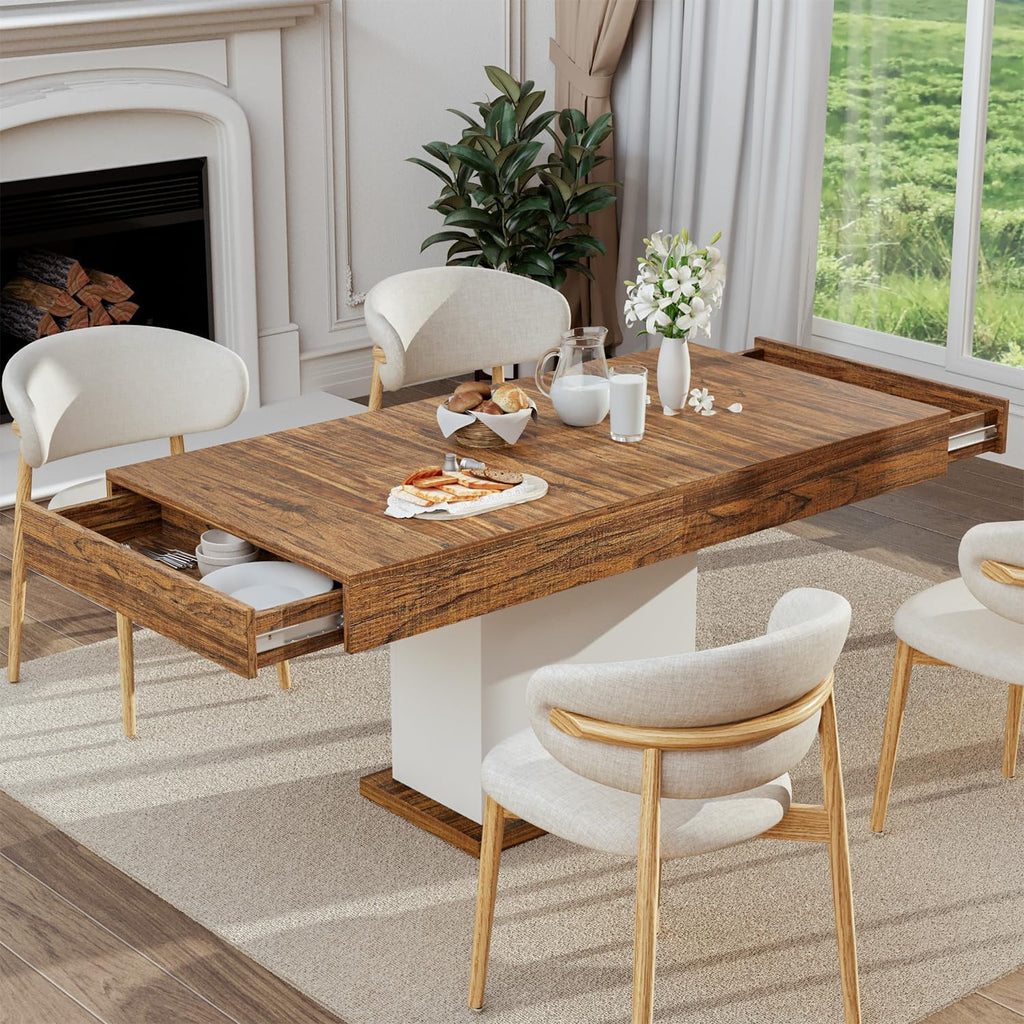 HAUXITIO 55 Inch Dining Table with LED Lights & 2 Drawers,Wooden Pedestal Base Table for 4-6 People,for Kitchen & Dining Room,White& Rustic Brown