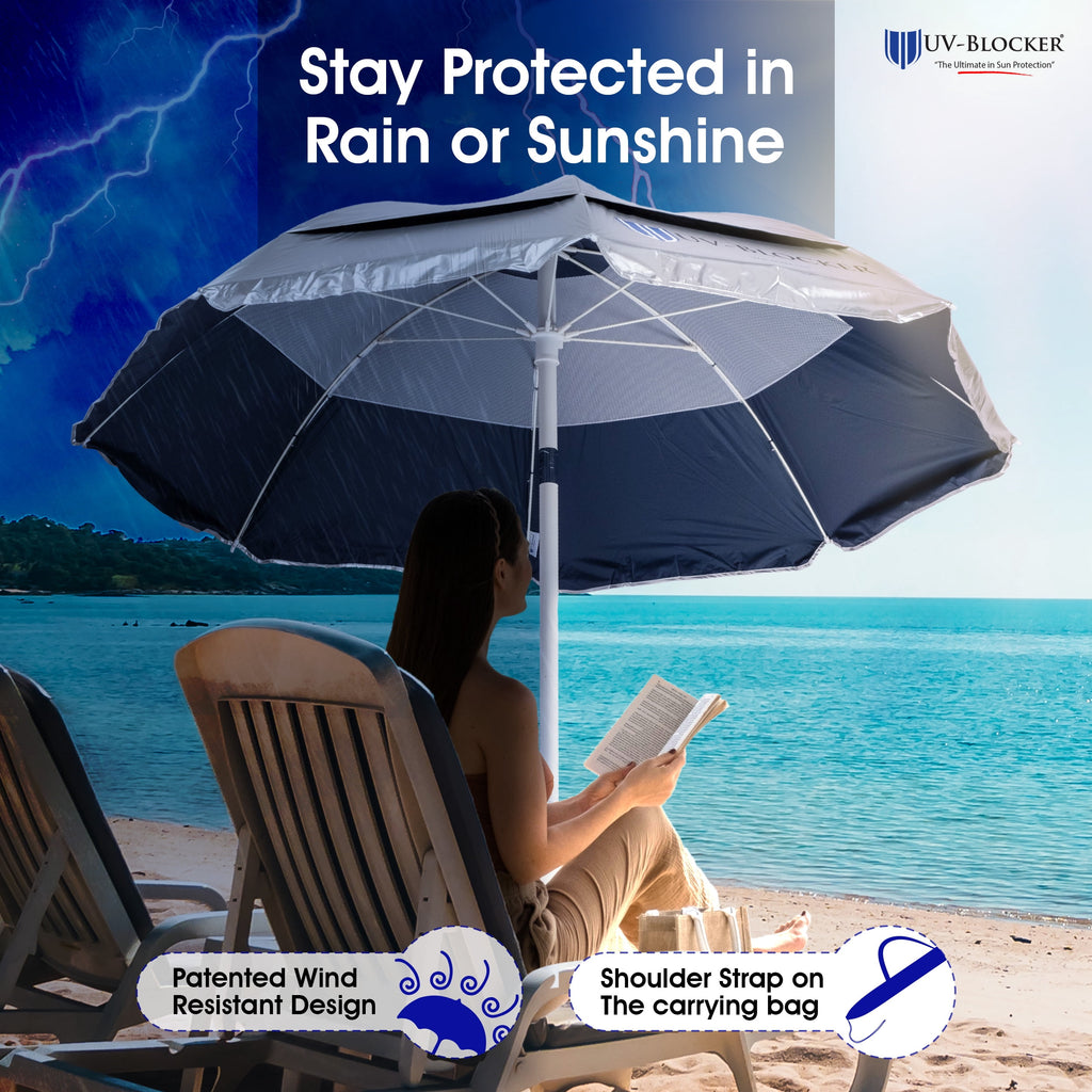 UV Blocker Beach Umbrella Sun Protection UPF 55+ Heavy Duty Large Beach Umbrellas for Sand 7.5 Foot