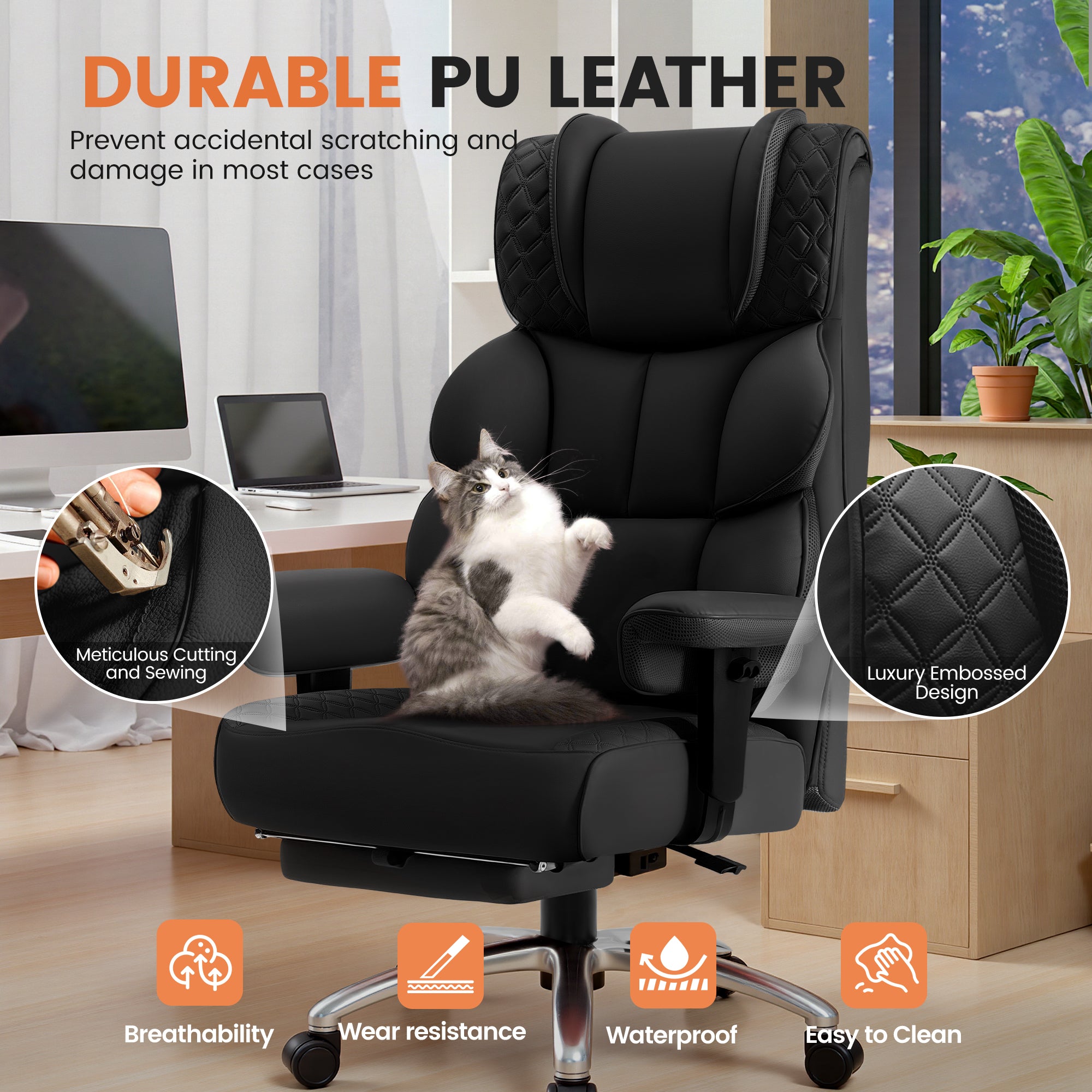 COOLHUT Big and Tall Office Chair 400LBS, Adjustable Headrest Ergonomic Computer Desk Chair, Executive Leather Chair with Adjustable Armrest, High Back Office Chair Havy Duty Design, Black