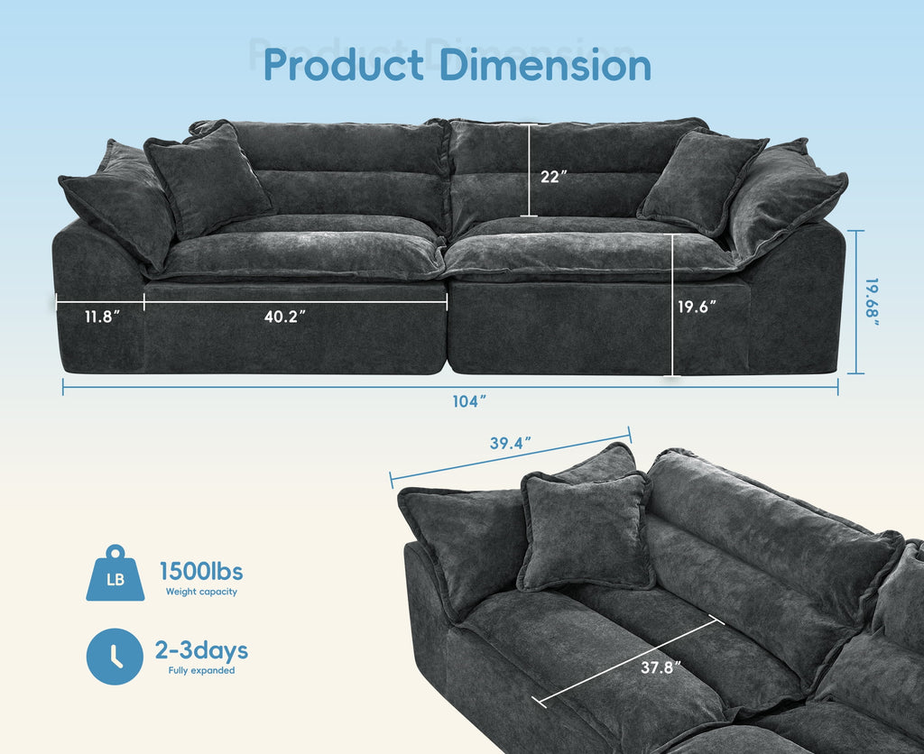 2-Seater Modular Sectional Sofa, Comfy Loveseat with Throw, Deep Seat Memory Foam Small Couches for Small Space, Living Room Apartment, Dark Grey