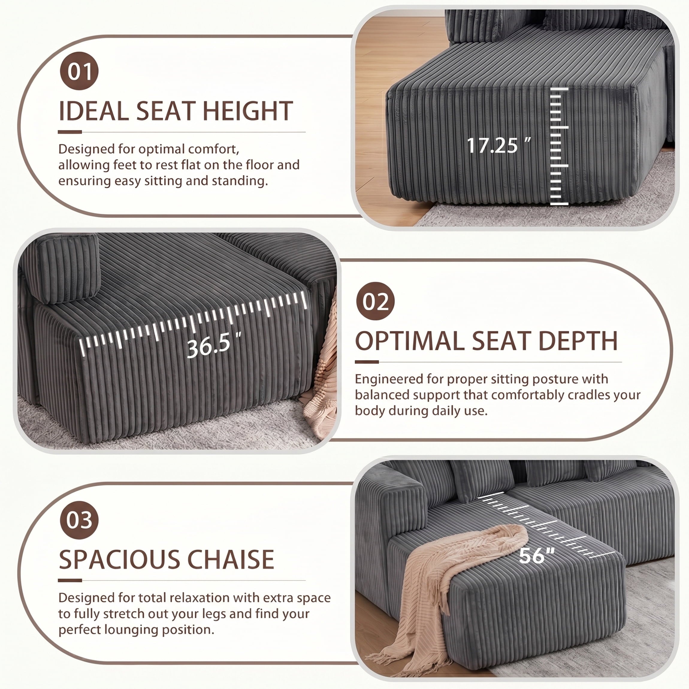 SOULART 138.5 U Shaped Sectional Couch,Gray Cloud Boneless Sofa For Living Room,Plush Corduroy Couches With Deep Seat Chaise Lounge,No Assembly Required