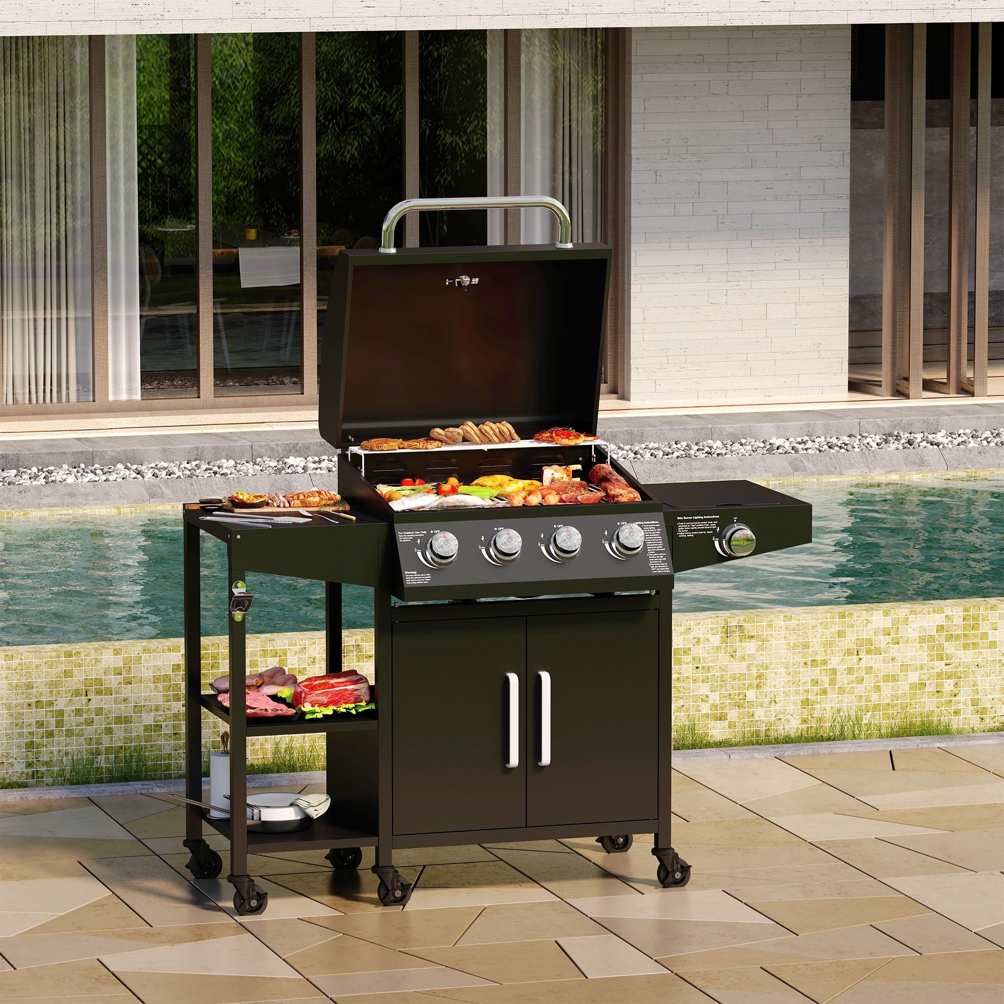 4 Burner Propane Gas Grill with 3 Tier Shelf, 50000 BTU Outdoor Cooking Stainless Steel BBQ Grills Cabinet,Can be Placed Smoke Box，Black