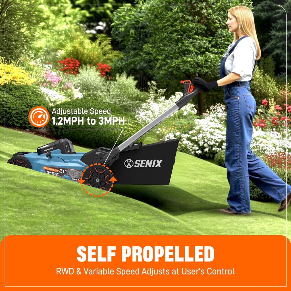 SENIX X6 60V 21 Self Propelled Lawn Mower , 8Ah Battery & Rapid 8A Charger, 3-in-1 Brushless, Smart LED Display, 7-Height Adjustment, 3-Mode, Variable Speed Push Mower