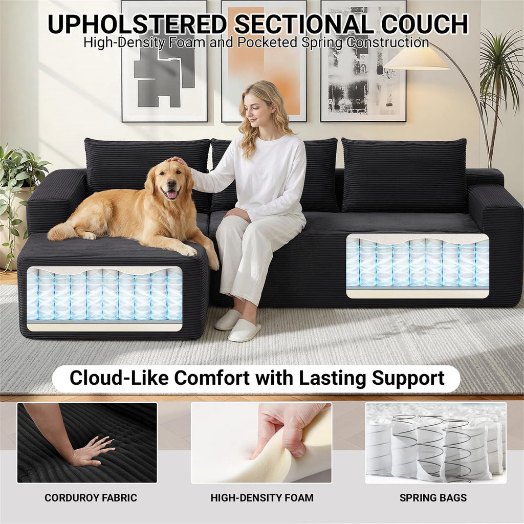 Aukfa 95 Cloud Sectional Sofa Deep Seat Boneless Couch Modular L-Shaped Couch, Left Chaise Corduroy Sofa for Living Room, Black